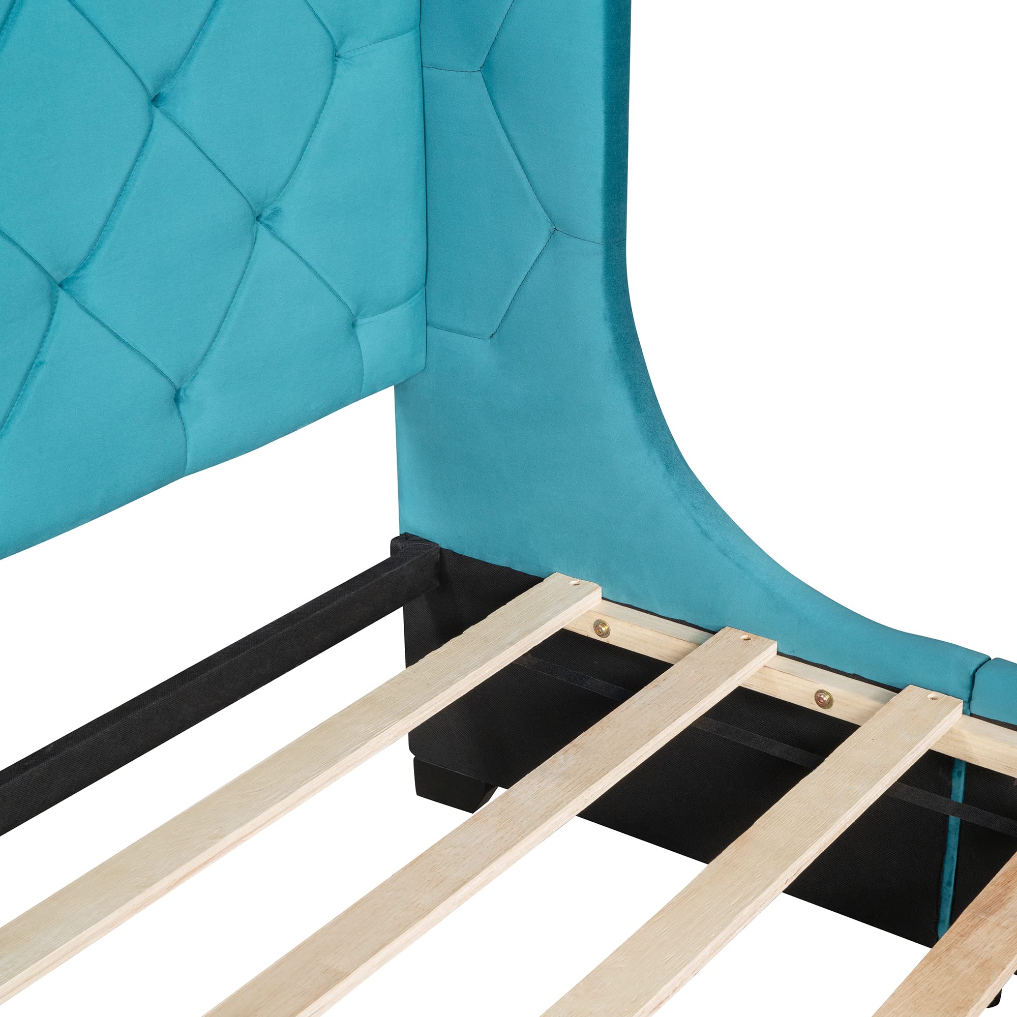 Harper & Bright Designs Queen Size Velvet Upholstered Storage Bed Frame with Wingback Headboard & Large Drawer - Luxurious Blue Velvet Platform Bed for Master Bedroom Decor