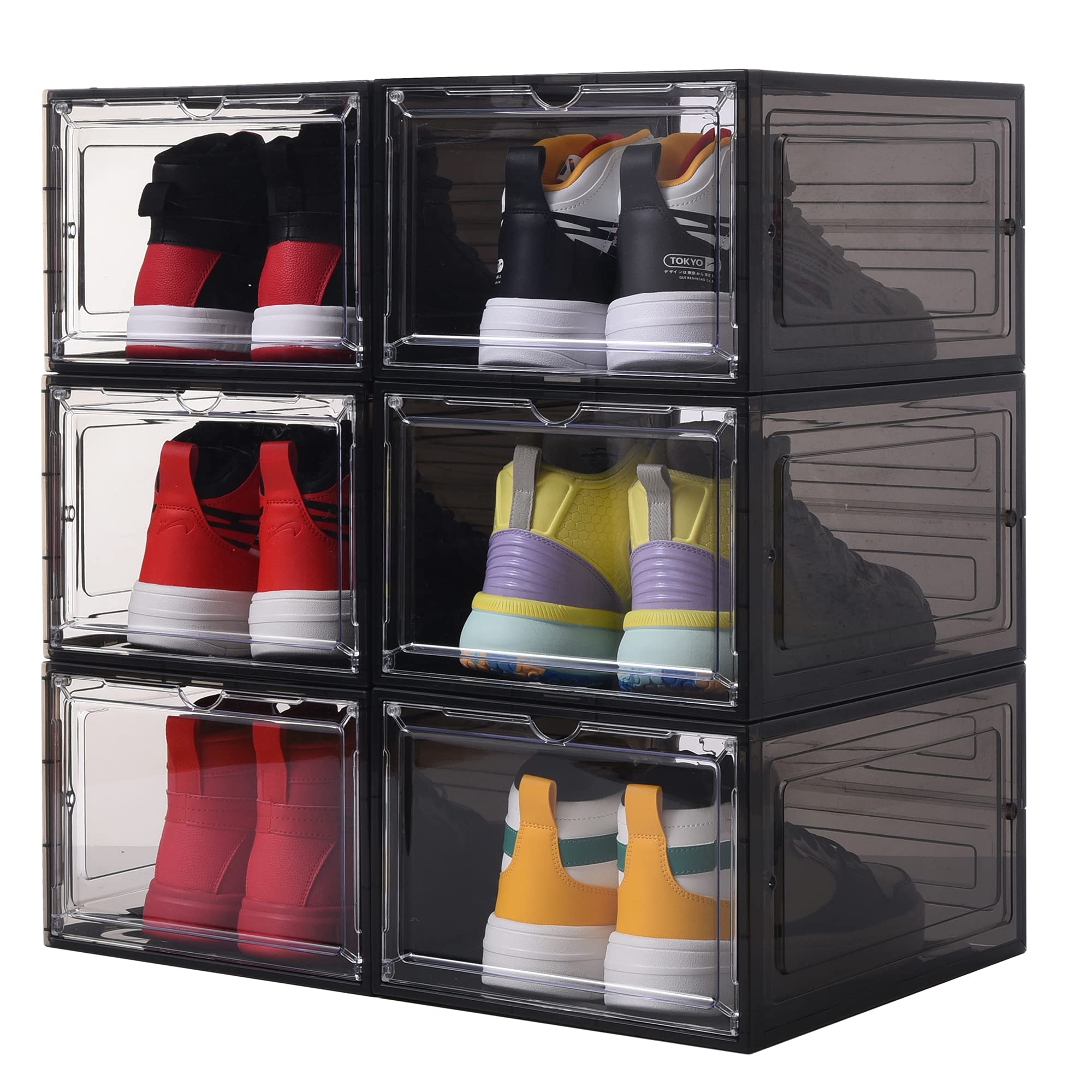 Yukui LLC Clear Plastic Stackable Shoe Storage Boxes - Set of 6 Drop Front Shoe Organizers for Sneakers Display (US Size 12, Black) - Perfect for Closet Organization, Sneaker Collection & Home Decor