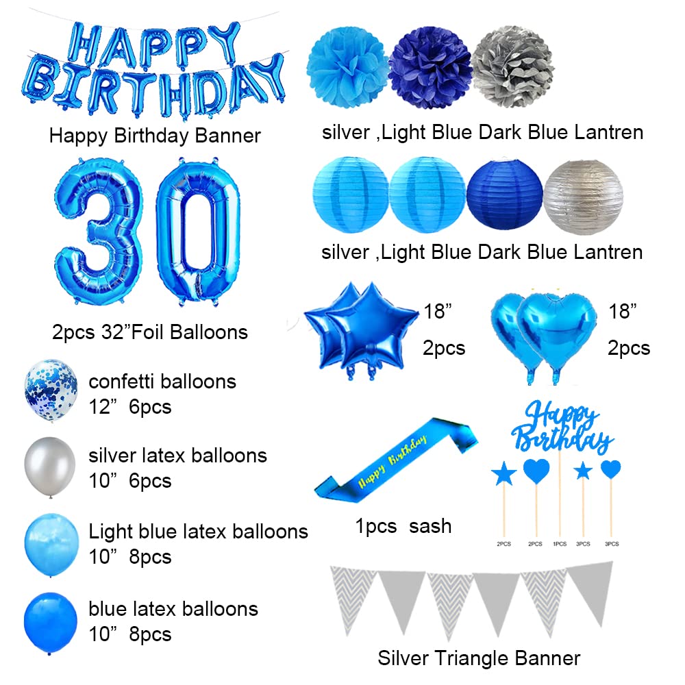 30th Birthday Party Decorations Set - Blue Happy Birthday Banner, Sash, Cake Topper, Number 30 Confetti, Latex Balloons & Paper Lanterns for 30 Years Old Celebration - Perfect for Milestone Birthday Parties, Anniversary Events & Special Occasions