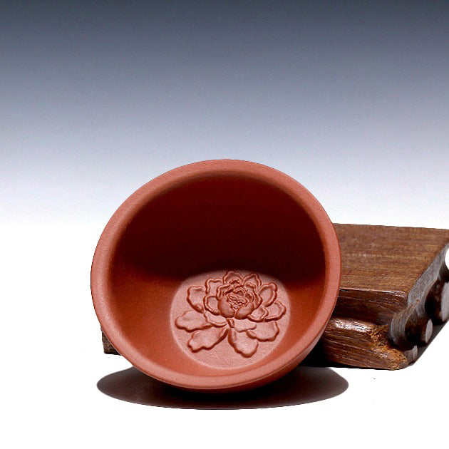 Premium Yixing Clay Gongfu Tea Cup Set of 2 - Handcrafted Purple Clay Peony Design Chinese Tea Ceremony Cups - Perfect for Oolong, Pu-erh & Green Tea Brewing at Home or Office