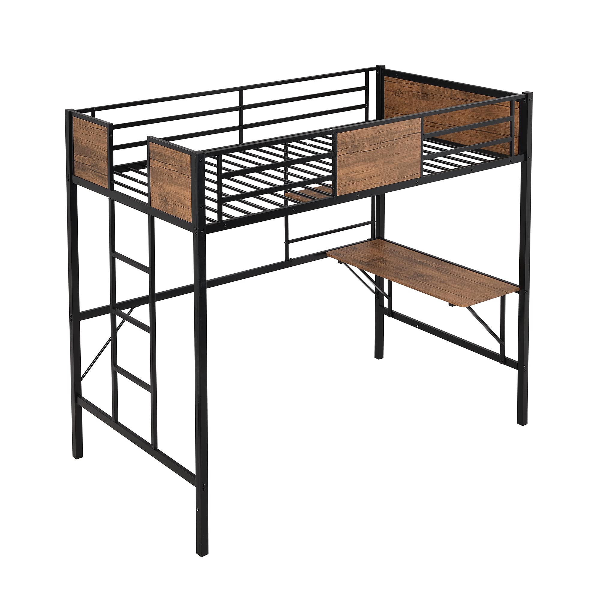 Metal Loft Bed with Desk & Storage Shelves - Twin Size Study Bed with Full-Length Guardrail & Built-in Ladder - No Box Spring Needed (Black Frame with Gray Boards) - Perfect for Small Bedrooms, Dorm Rooms & Home Office Spaces