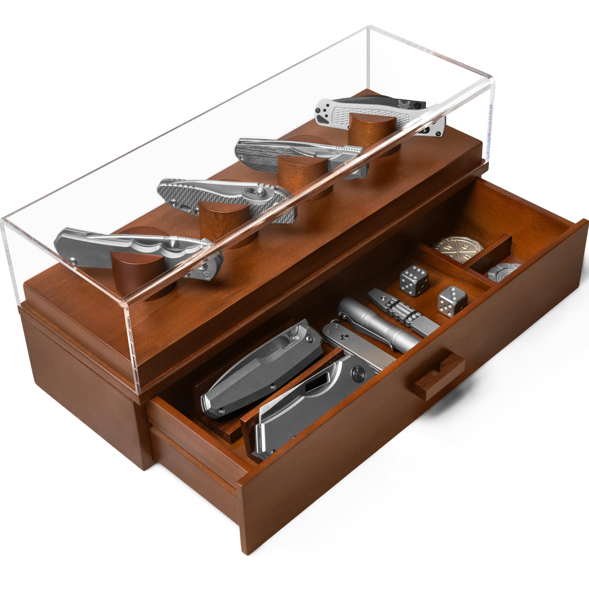 Premium Knife Deck – 6-Pocket Wooden Knife Display Case with Accessory Drawer | Perfect Knife Organizer & Collector's Gift for Men | Lifetime Warranty | Ideal for Home, Office, or Camping Use