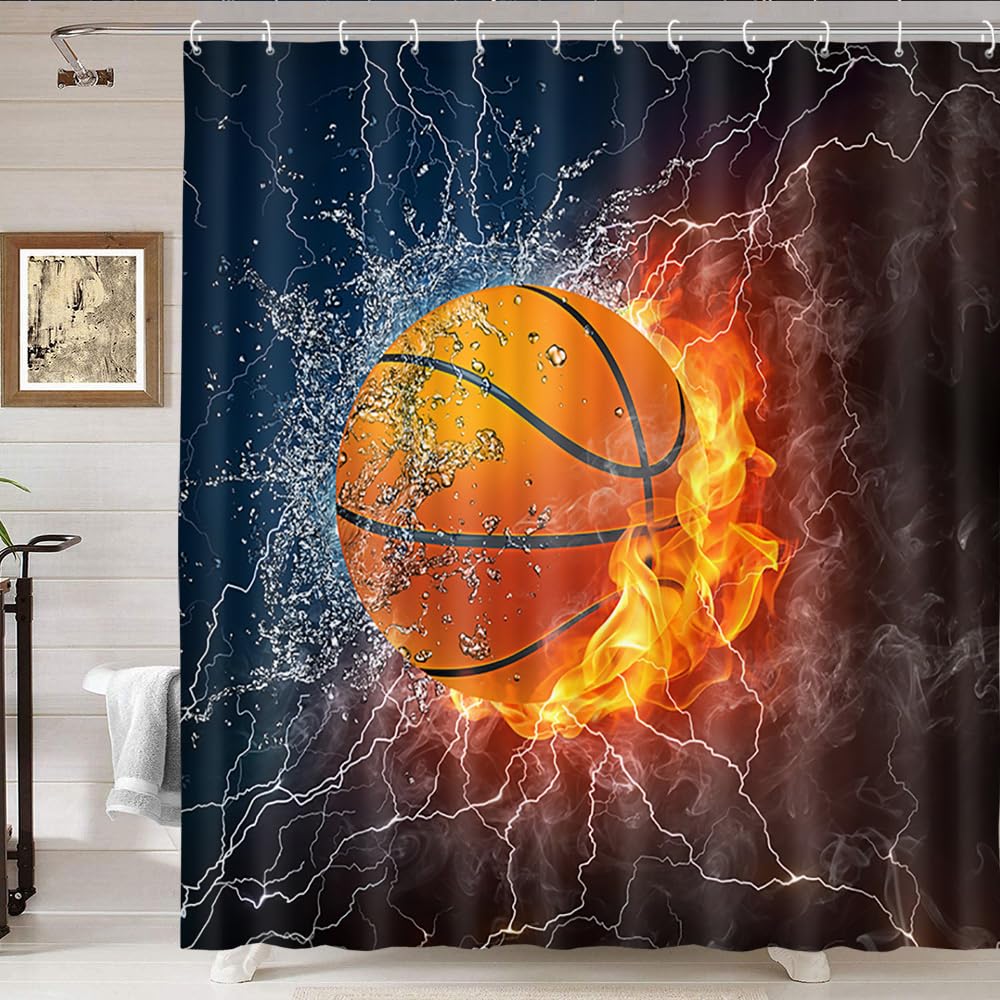 Basketball on Fire Sports Shower Curtain - 72x72 Inch Waterproof Polyester Bathroom Decor with 12 Hooks for Teen Boys & Men - Perfect for Basketball Fans' Bathroom, Dorm, or Locker Room