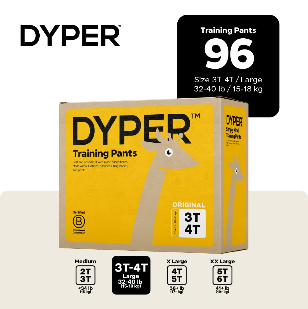 DYPER Toddler Potty Training Pants for Girls & Boys (Size 3T-4T) - Hypoallergenic, Plant-Based Materials, Day & Overnight Protection - Gentle for Sensitive Skin, Unscented - Perfect for Potty Training at Home or Travel