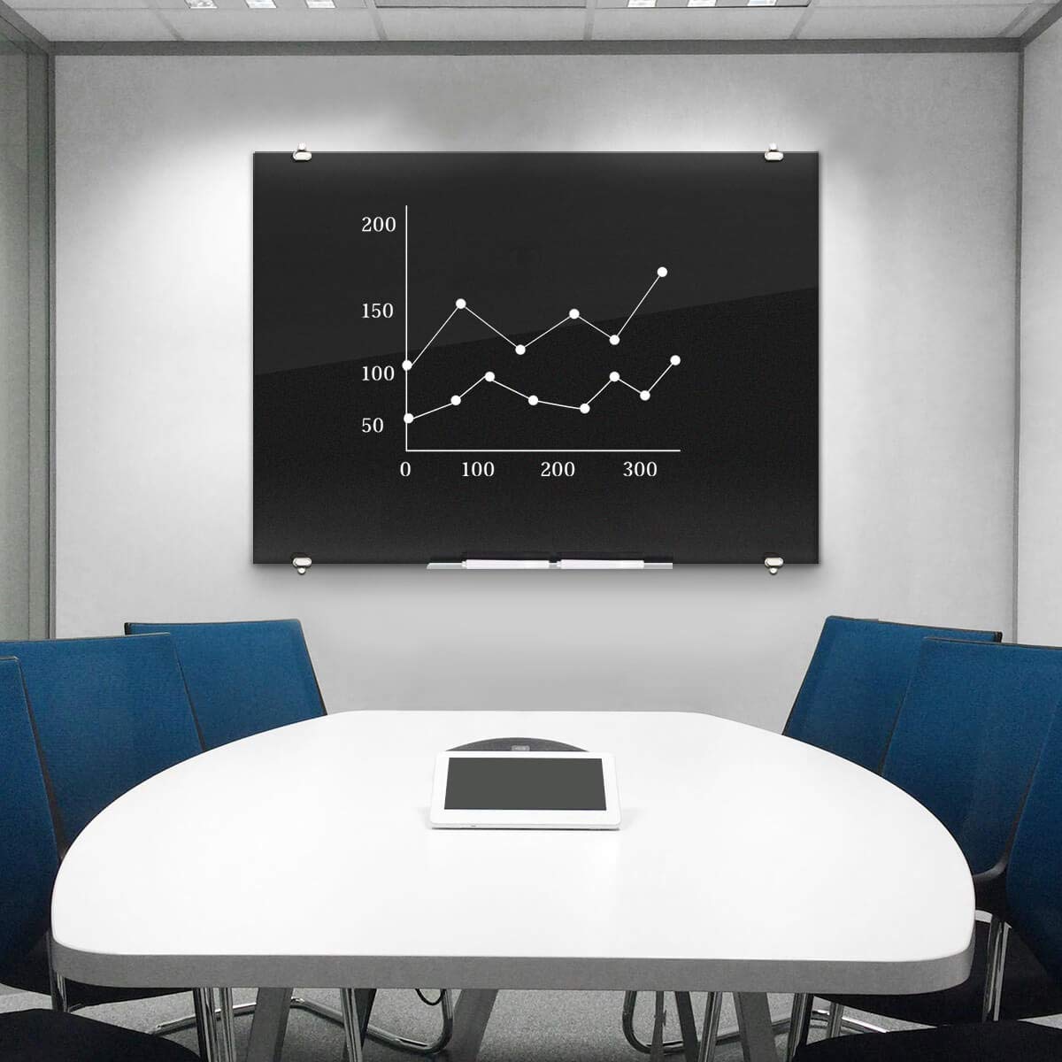 Black Magnetic Glass Dry Erase Board 4x3 Feet - Premium Glass Whiteboard with Black Surface for Office, School & Home Use - Includes 4 Dry Erase Markers & 1 Eraser - Perfect for Presentations, Meetings, Classroom Teaching & Home Organization