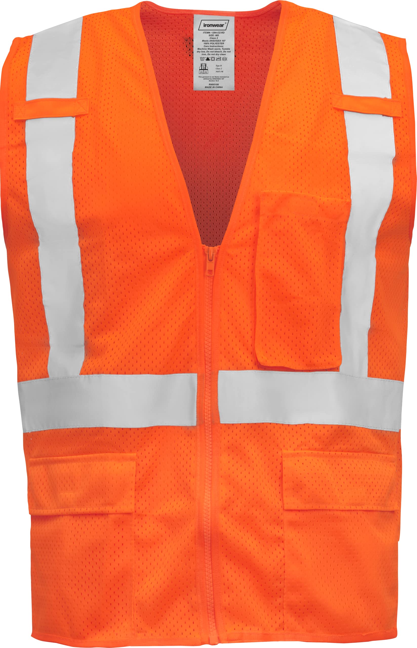 Ironwear 1284 Class 2 Reflective Safety Vest with Zipper & Radio Clips - High Visibility Work Vest for Construction, Road Crew & Emergency Responders