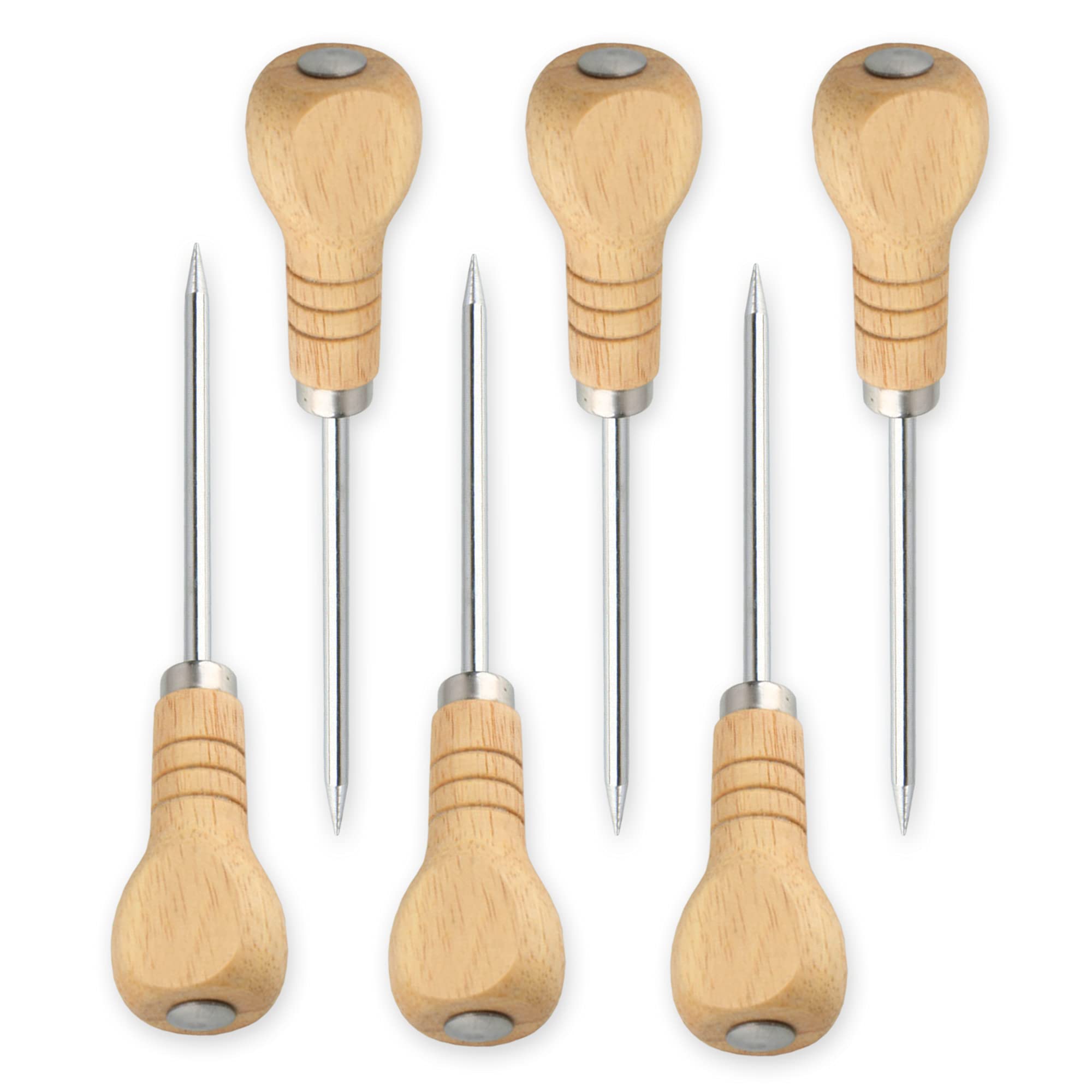 6-Piece Stainless Steel Ice Pick Set with Safety Wooden Handle - Heavy Duty Ice Breaker Tool for Kitchen, Bartending & Cocktail Making - Perfect for Crushing Ice Cubes, Shaved Ice & Frozen Drinks