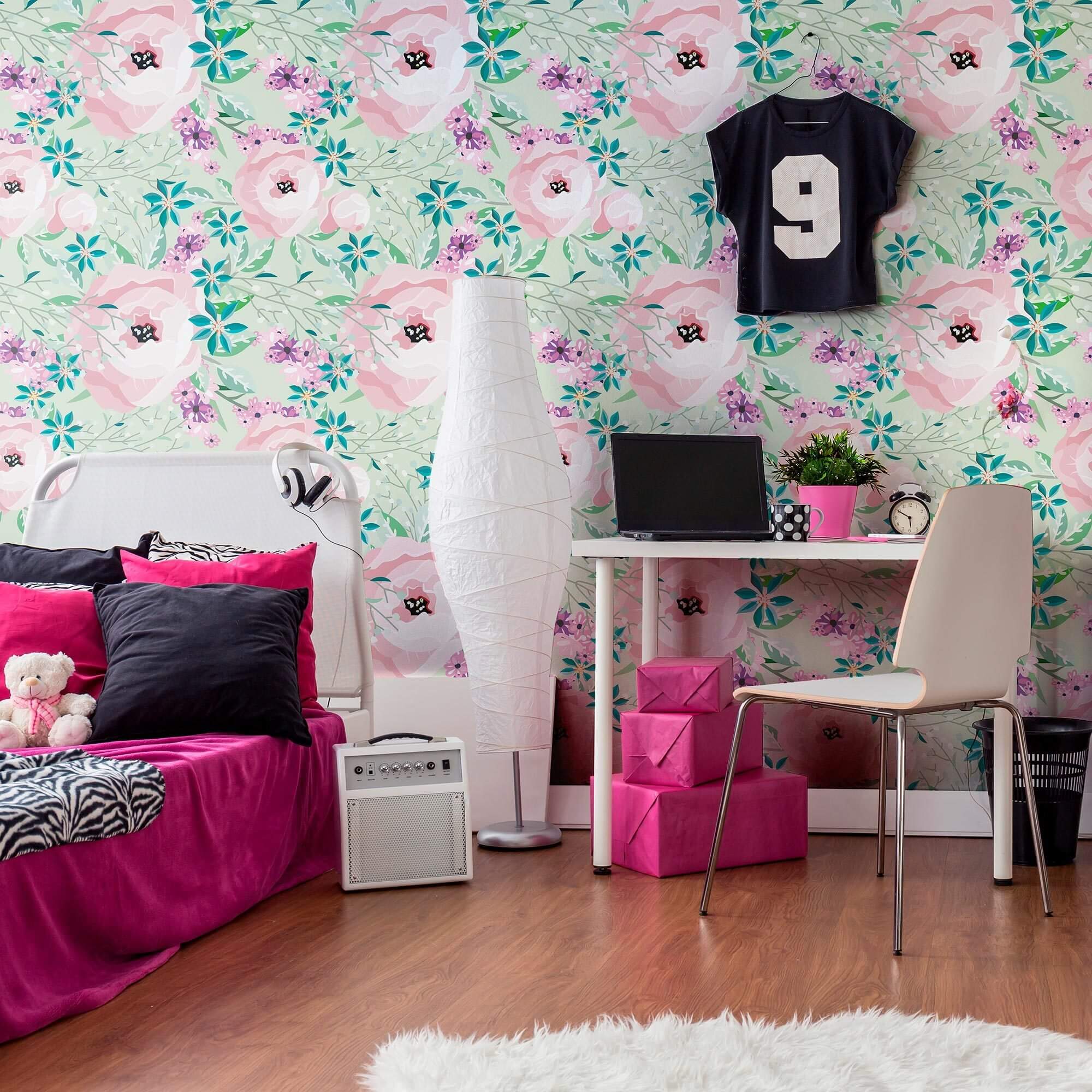 Purple and Emerald Floral Peel and Stick Removable Wallpaper 2866 - Self-Adhesive Decorative Wall Covering for Bedroom, Living Room, Nursery & Office Decor