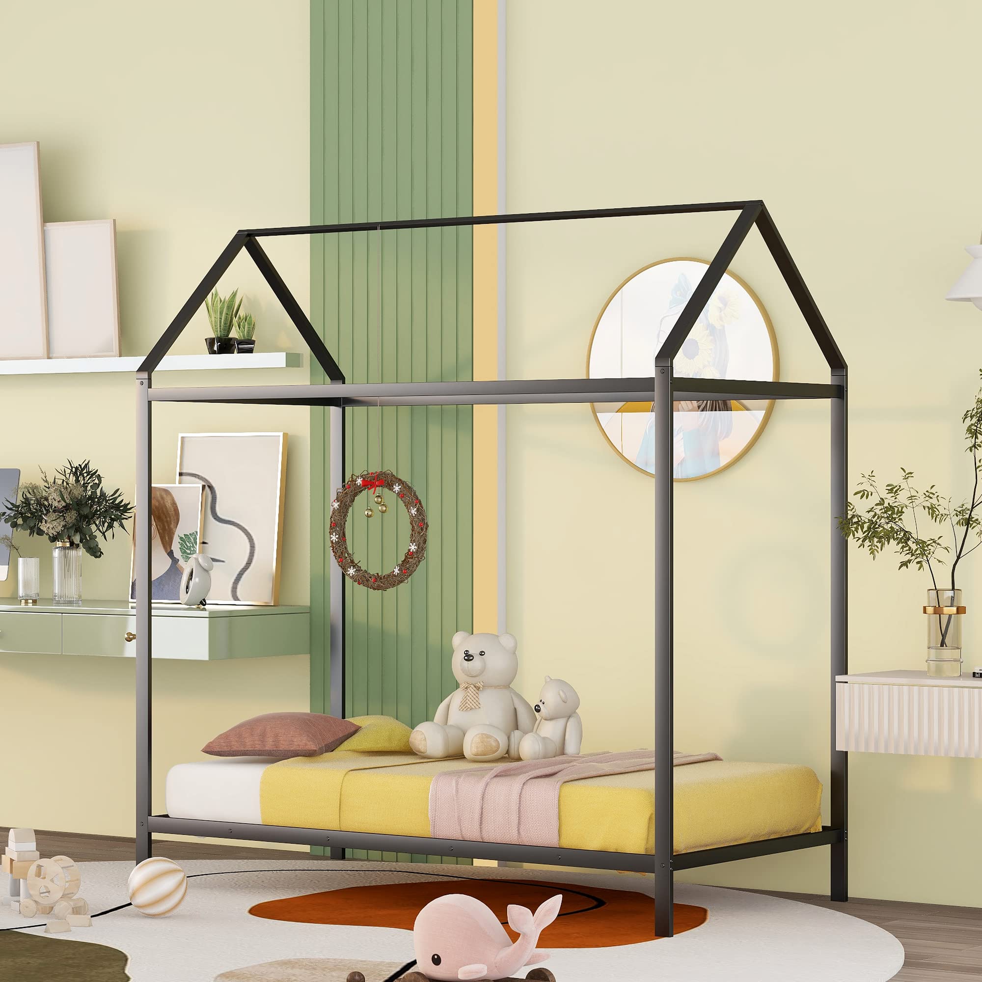 Montessori Twin House Bed Frame - Metal Floor Bed for Toddlers, Kids, Boys & Girls - Durable Black Toddler Bed for Daycare, Nursery & Kids' Bedroom