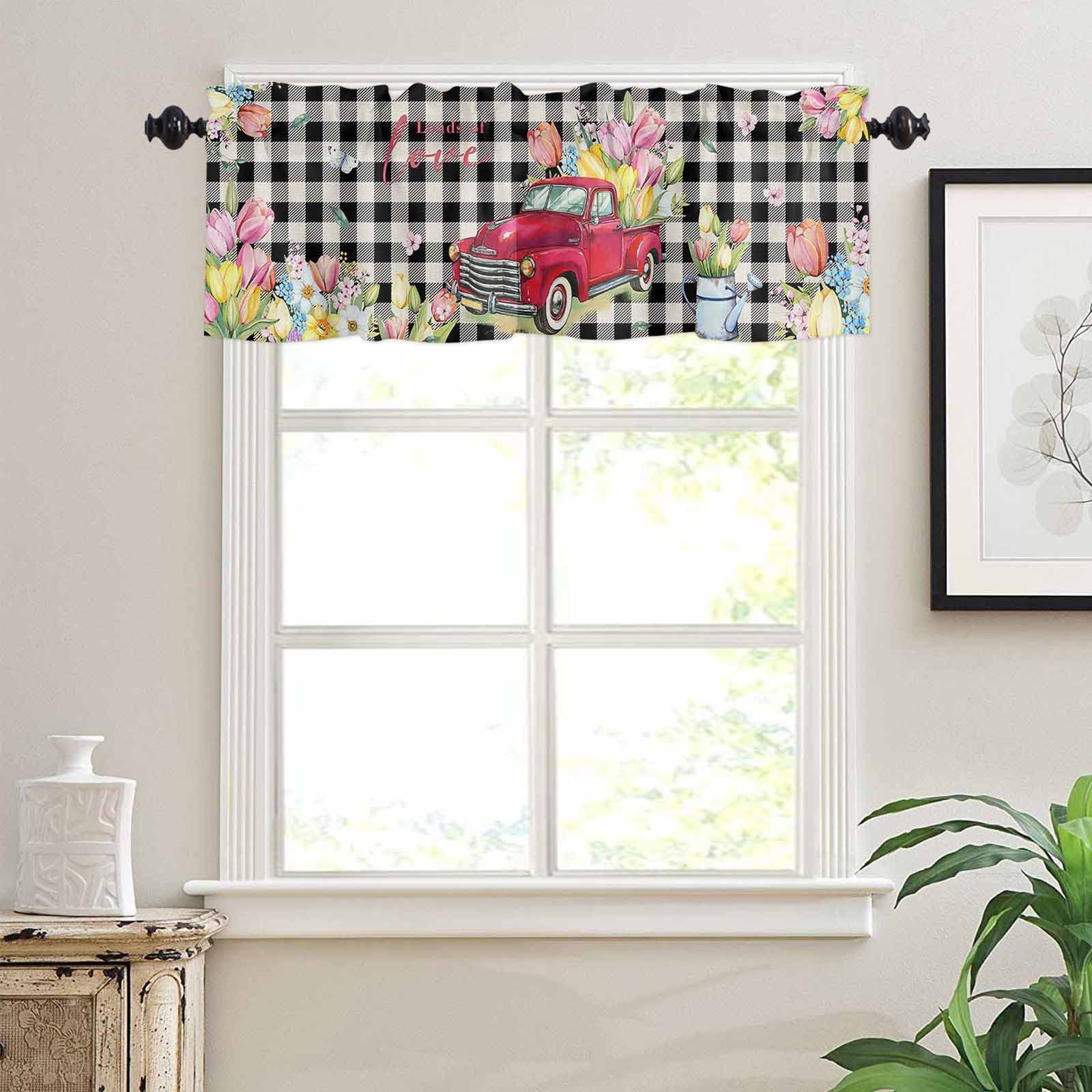Spring Tulip Floral Rod Pocket Window Valance - Short Curtain Topper for Living Room & Bedroom - Red Truck & Black Plaid Rose Flower Design - Perfect for Cafe, Kitchen & Home Decor