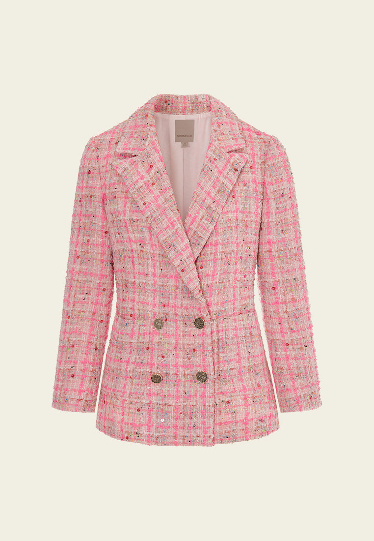 Elegant Notched Lapel Double Breasted Checked Sequin Detail Jacket for Women - Perfect for Evening Parties, Weddings & Special Occasions