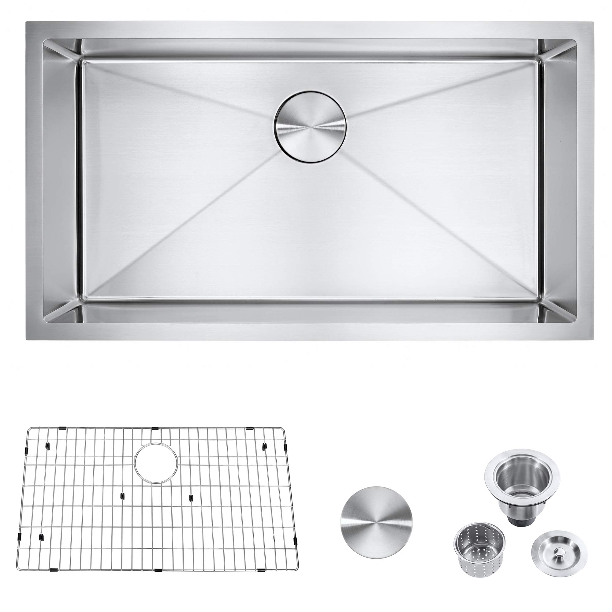 32 Inch Undermount Kitchen Sink - Premium 18 Gauge Stainless Steel Single Bowl with Strainer & Bottom Grid - Handmade Bar & Prep Sink (32