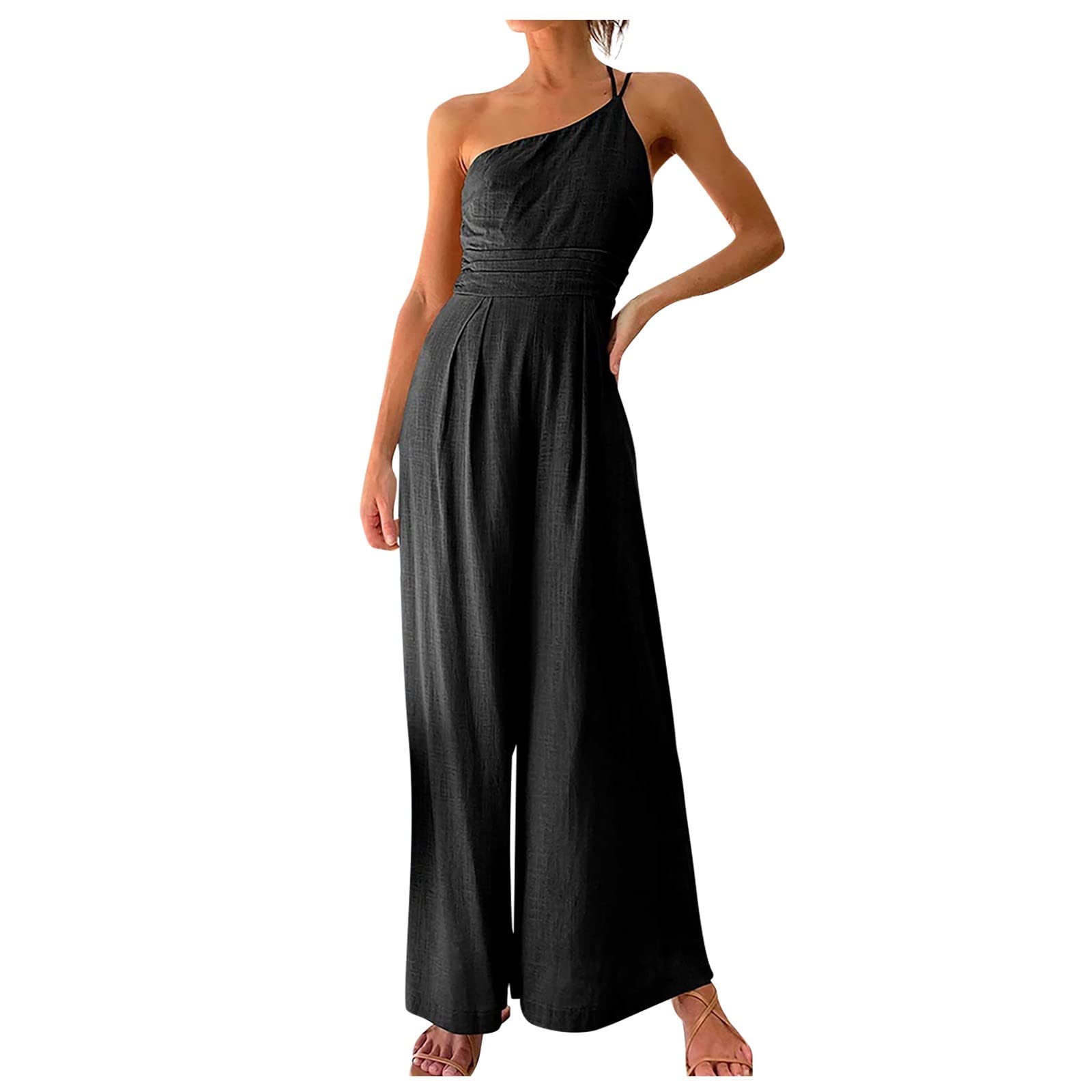 Eaktool Women's One Shoulder Pleated High Waist Wide Leg Jumpsuit - Summer Casual Strap Romper for Beach, Vacation & Night Out