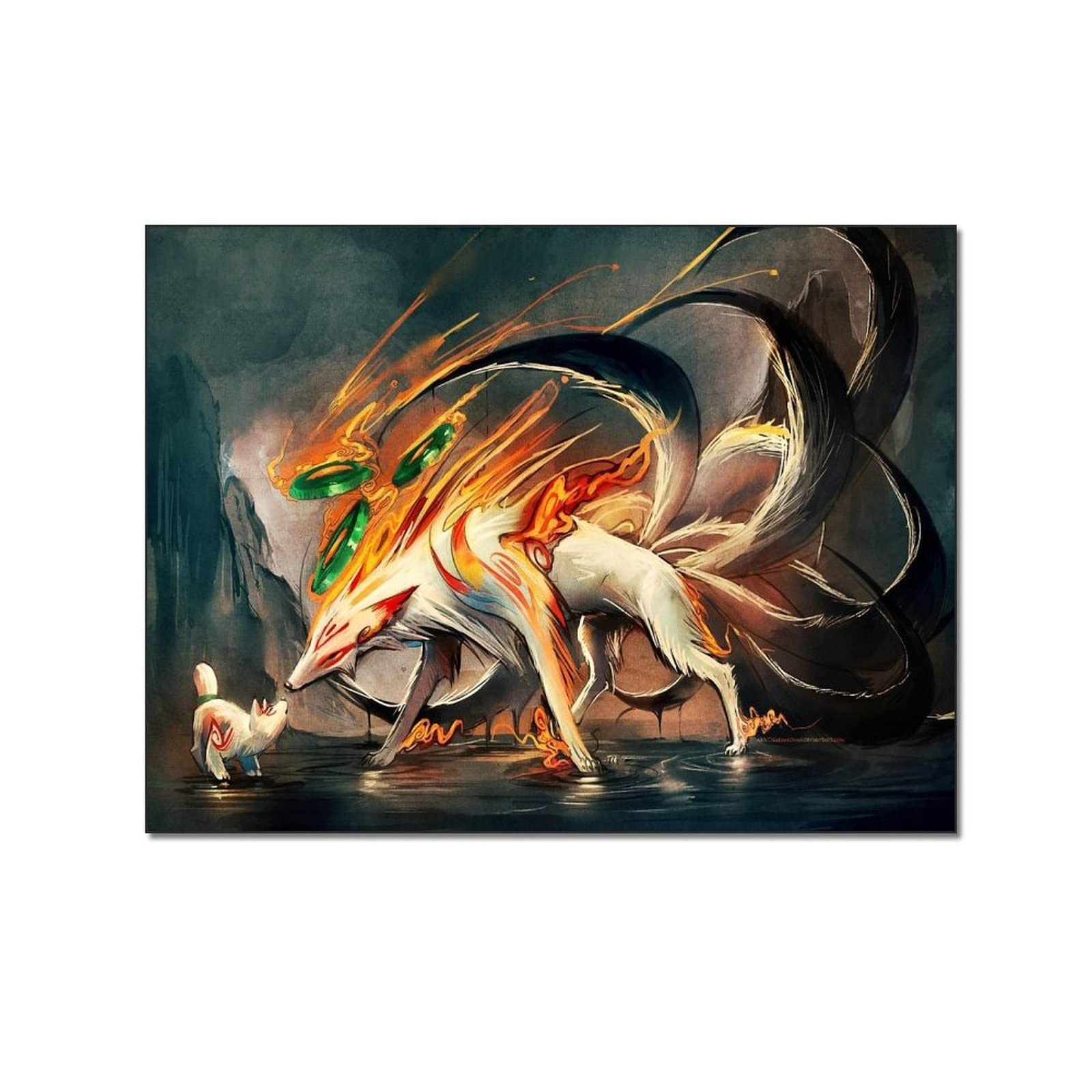 Anime Nine Tailed Fox Canvas Wall Art - Cool Japanese Anime Poster for Boys Bedroom & Living Room Decor - Aesthetic Abstract Painting Print for Home Office Gaming Room