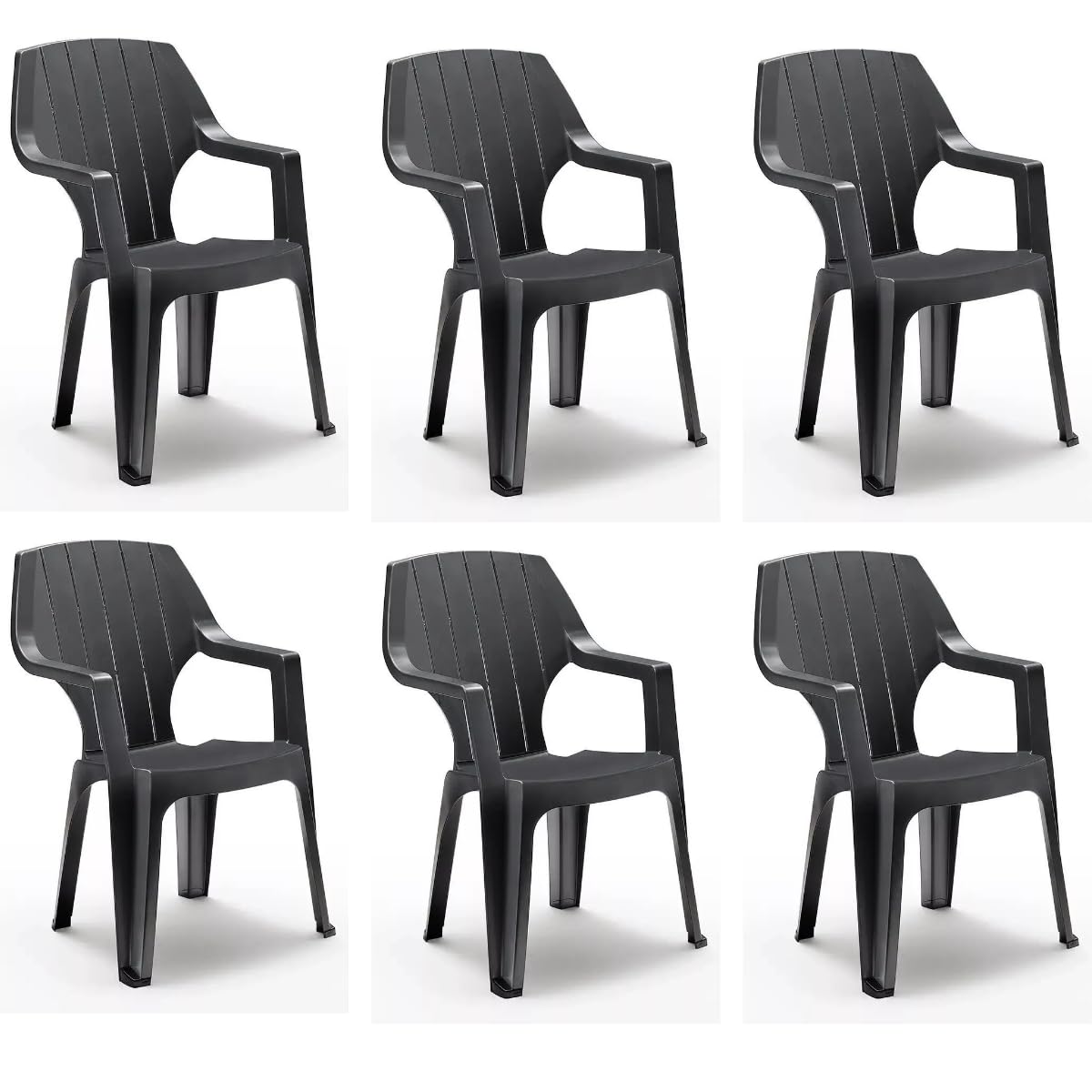 Stackable Plastic Outdoor Garden Chairs with Wood Effect - 4-Piece Patio Furniture Set in Anthracite for Backyard, Poolside, and Terrace Use