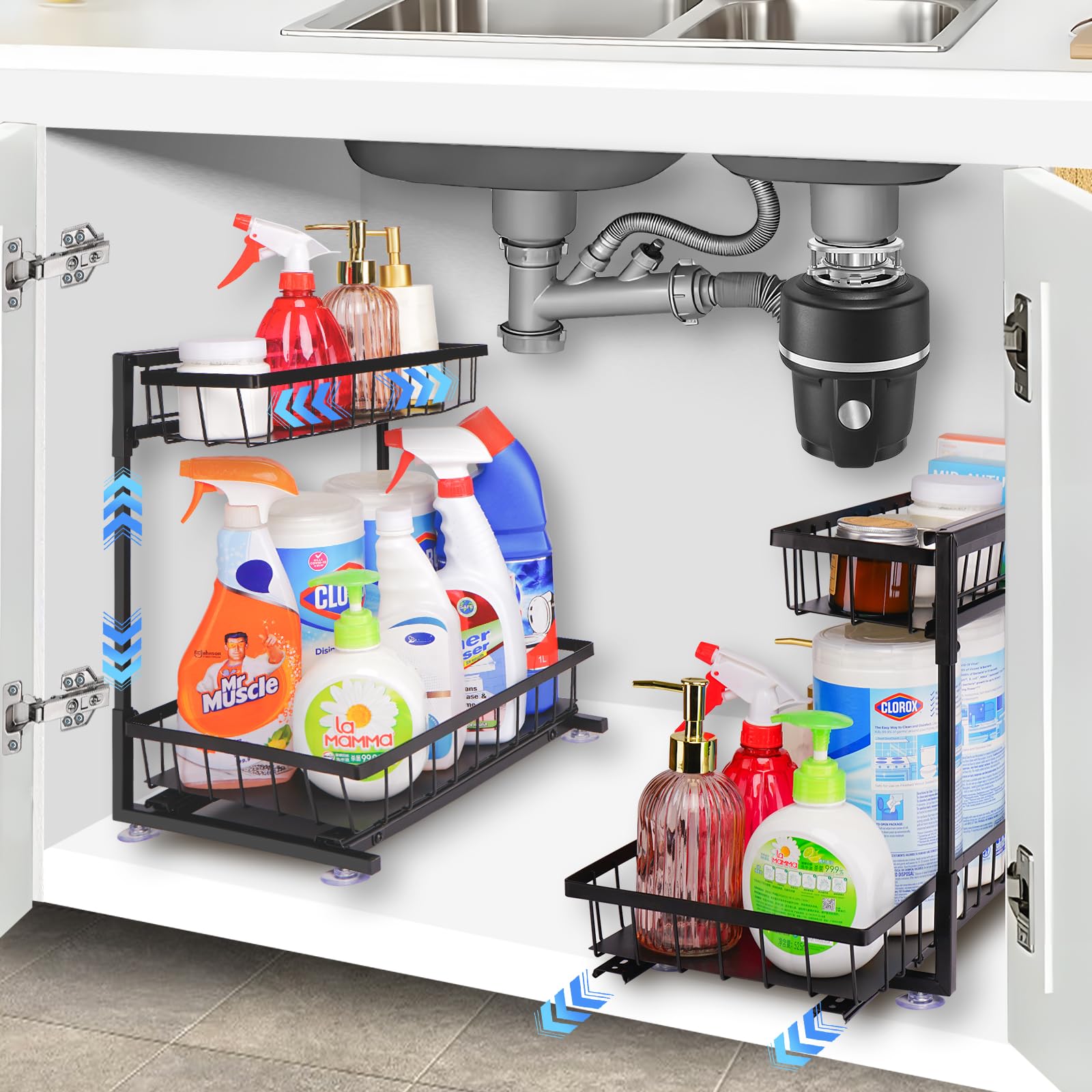 Haturi 2-Pack Under Sink Organizer with Alloy Ball Bearing Slides - Pull Out Kitchen Storage Drawer for Cabinets, Pantry & Bathroom - Durable Metal Shelf Organizer for Sponges, Cleaning Supplies & Toiletries