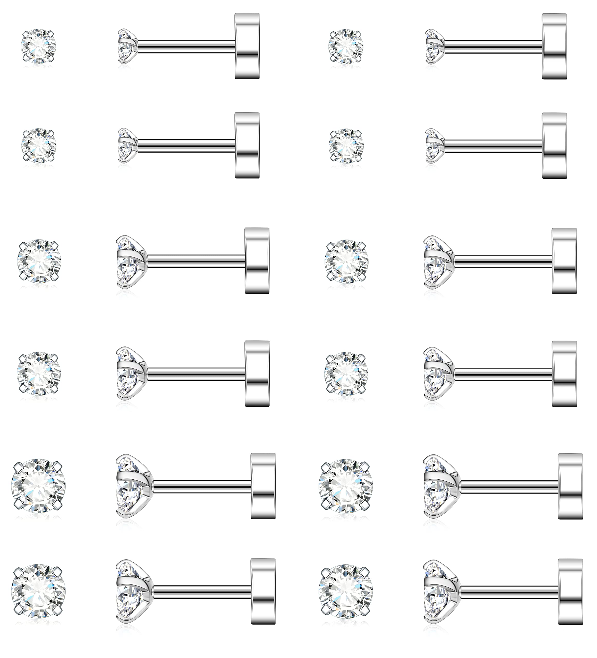 LYLYMIMI Surgical Steel Flat Back Stud Cartilage Earrings for Women - Cubic Zirconia Earring Set for Multiple Piercings with Tiny Twist Screw Backs | Hypoallergenic, Comfortable Wear for Everyday, Parties & Special Occasions