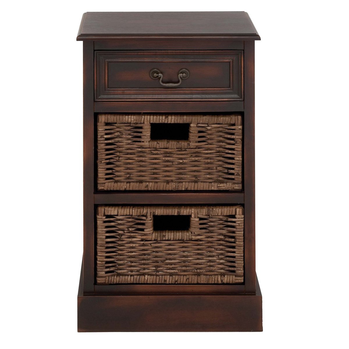 Urban Designs Imported 3-Drawer Wooden Storage Chest Night Stand with Wicker Baskets, Brown - Perfect for Bedroom, Living Room, or Office Organization