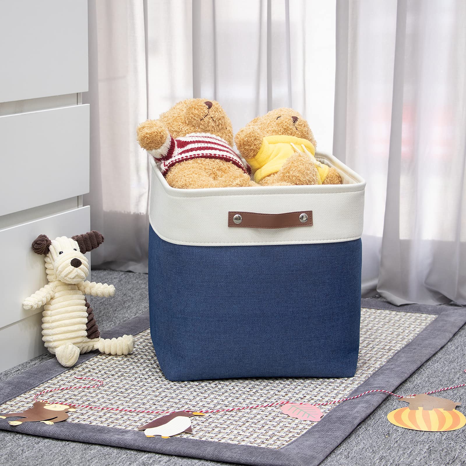 3-Pack Fabric Storage Cubes & Bins - 13x13 Collapsible Organizer Baskets with Leather Handles (White & Blue) | Perfect for Shelves, Closets & Toy Storage | Home Organization & Nursery Decor