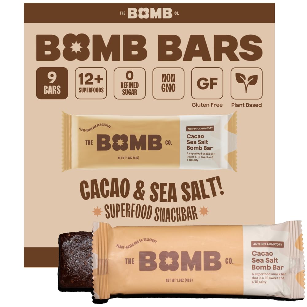 The Bomb Co. Blender Bomb Bar - Cacao Sea Salt Superfood Snack Bar with Almond Butter, Hemp, Chia & Flax Seeds | Vegan Chocolate Chips & Antioxidant-Rich Cacao Powder | Gluten-Free Energy Bars (9 Count) - Perfect for Post-Workout Recovery & Healthy On-the-Go Snacking