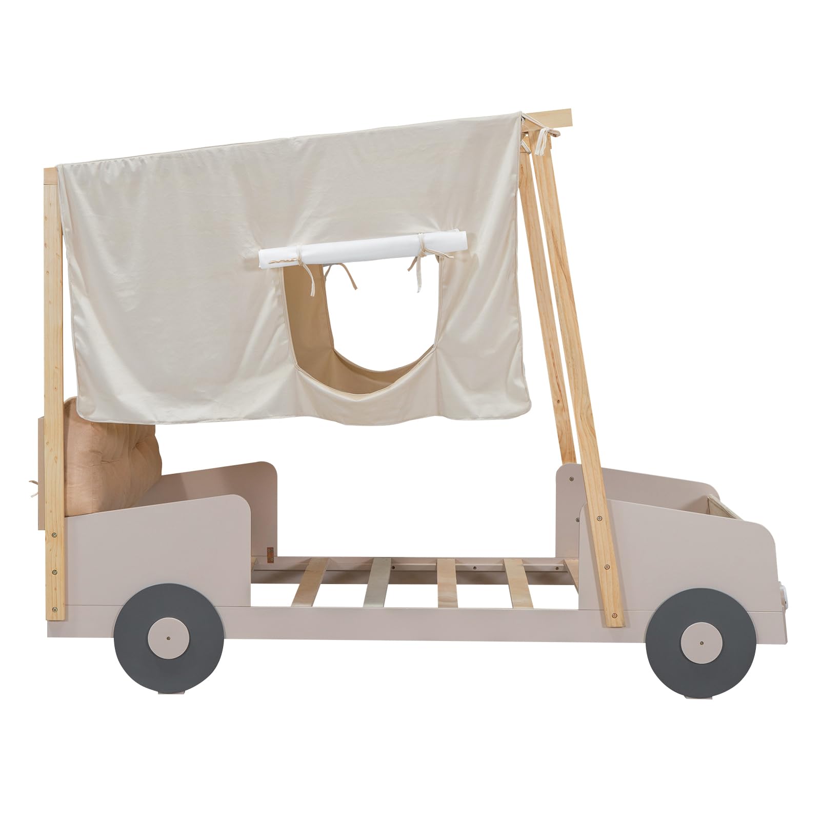 Twin Size Kids Car Bed with LED Lights & Headboard - Toddler Floor Bed Tent for Boys & Girls - Natural Wood Design - Perfect for Playrooms, Bedrooms & Sleepovers