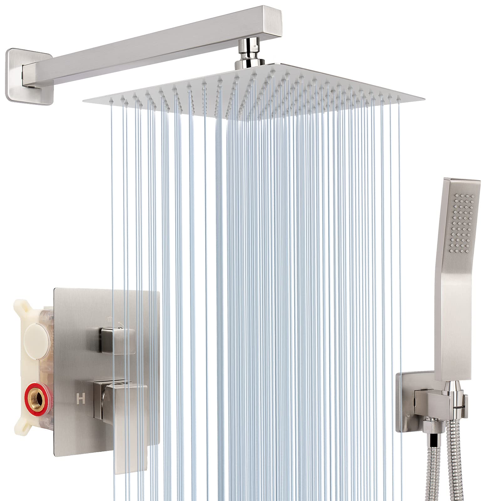 NearMoon Luxury Rain Shower System - 12 Inch Brushed Nickel Wall Mounted High Pressure Shower Head with Handheld Combo, Bathroom Faucet Rough-in Valve & Trim Kit - Perfect for Spa-Like Experience in Master Bathrooms & Modern Home Renovations