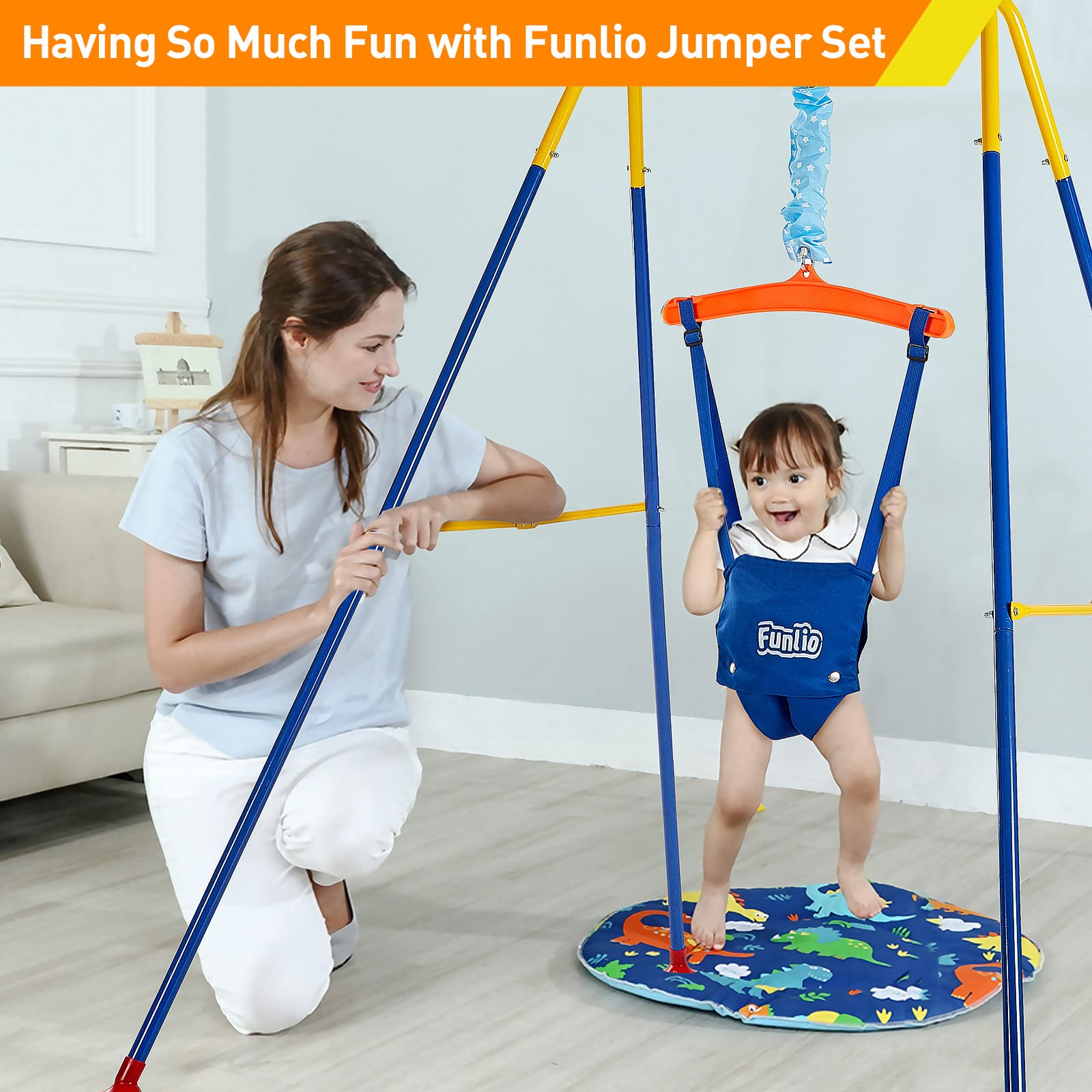 **FUNLIO Baby Jumper with Stand for 6-24 Months – Adjustable Infant Jumper for Boys & Girls – Indoor & Outdoor Play – Easy Assembly & Storage – Perfect for Playtime & Developmental Activities**