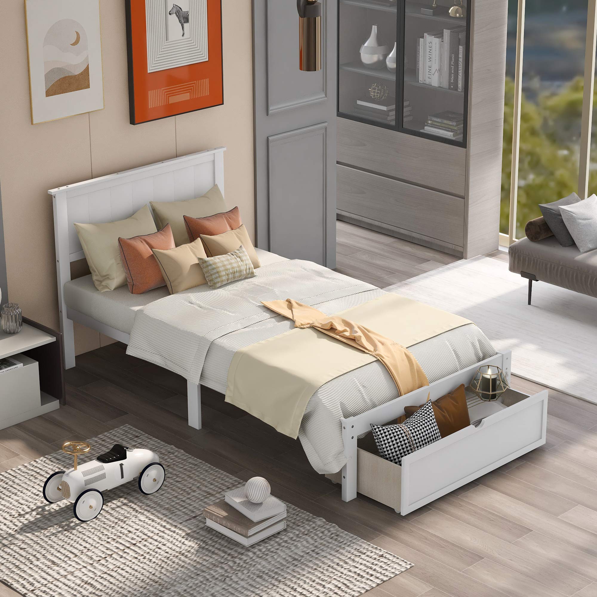 Twin Size Wooden Platform Bed Frame with Headboard & Footboard - Sturdy Wood Slat Support, Underbed Storage Drawer - Perfect for Teens Bedroom, Dorm or Guest Room - White (Twin)