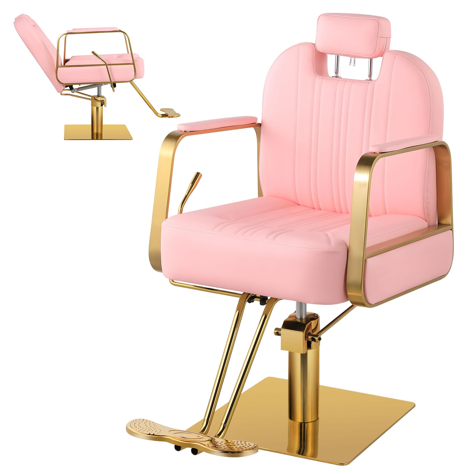 Pink Beauty Salon Chair for Hair Stylists & Barbers - Hydraulic Reclining Styling Chair with 130° Adjustable Backrest - Perfect for Home Barbershops, Hair Braiding & Professional Styling