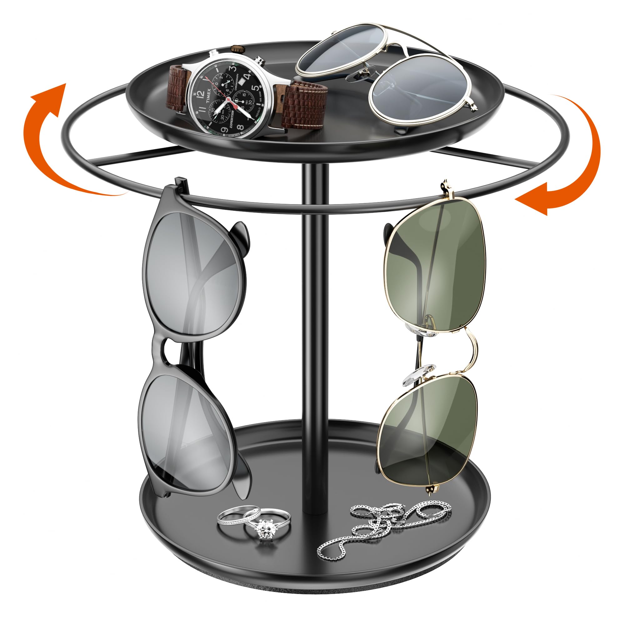 Rotatable Sunglass Holder Organizer - 2-Tier Eyeglass Stand with Storage Trays | Display & Organize Multiple Sunglasses & Glasses | Perfect for Home, Office, Retail Store Display