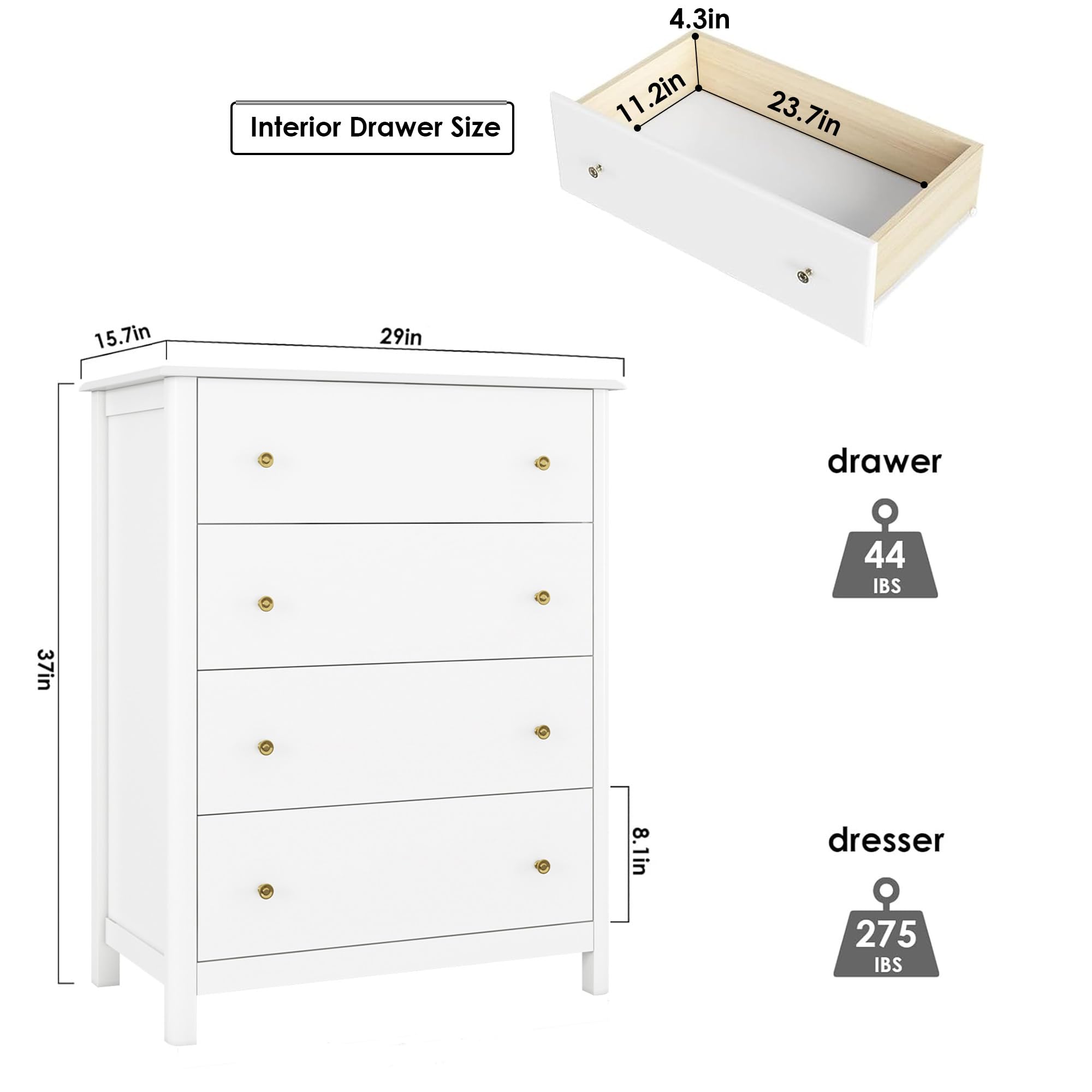 HOUSUIT White Dresser with 4 Drawers - Modern Wooden Storage Cabinet for Bedroom, Living Room, Entryway & Hallway - Ivory White Chest of Drawers for Home Organization & Decor