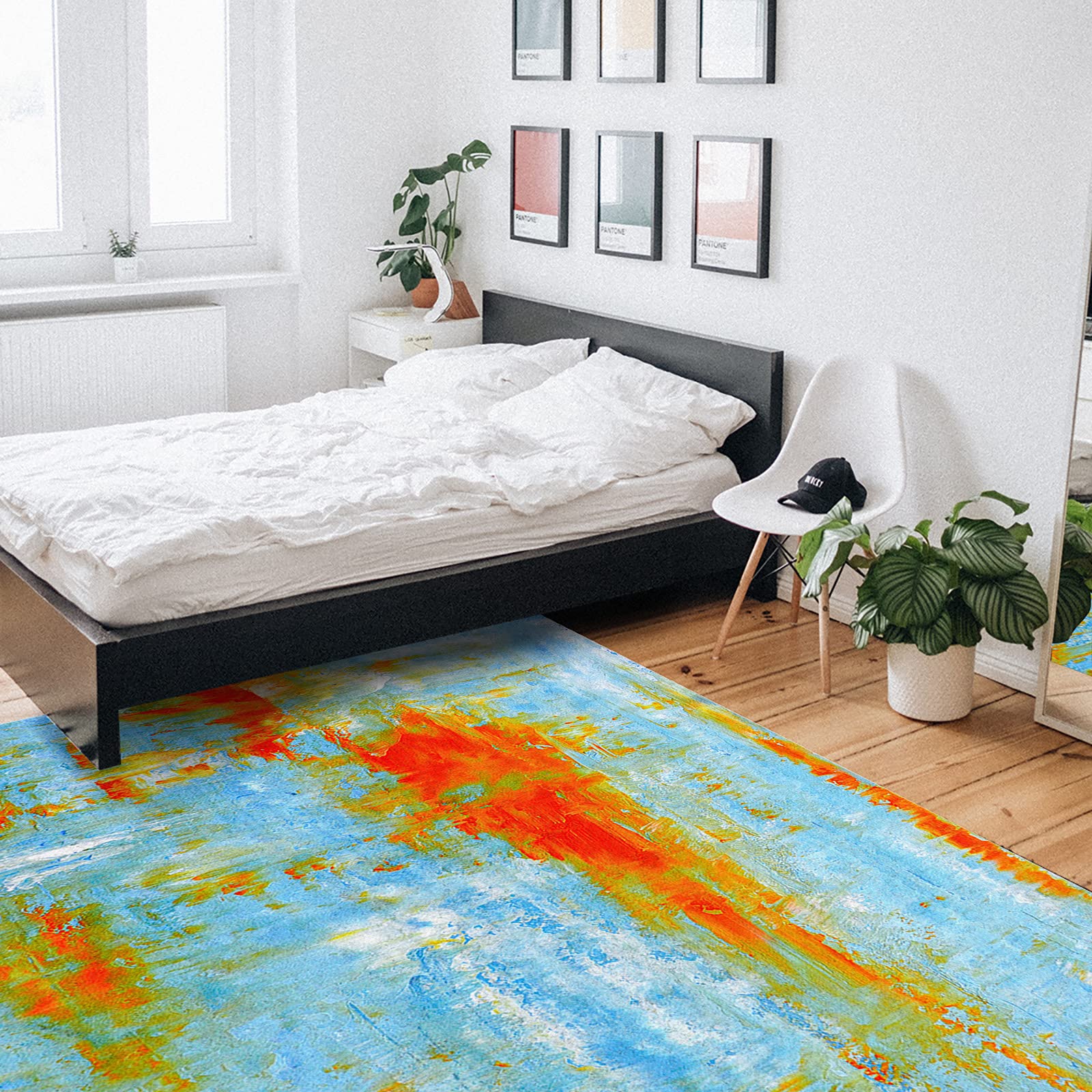 Abstract Geometric Graffiti Art Area Rug 3'x5' - Washable Indoor/Outdoor Runner for Kitchen, Living Room, Bathroom & Bedroom - Non-Slip Doormat & Desk Mat in Orange, Red & Blue Oil Painting Design - Perfect for Home Decor, Office & Classroom Use