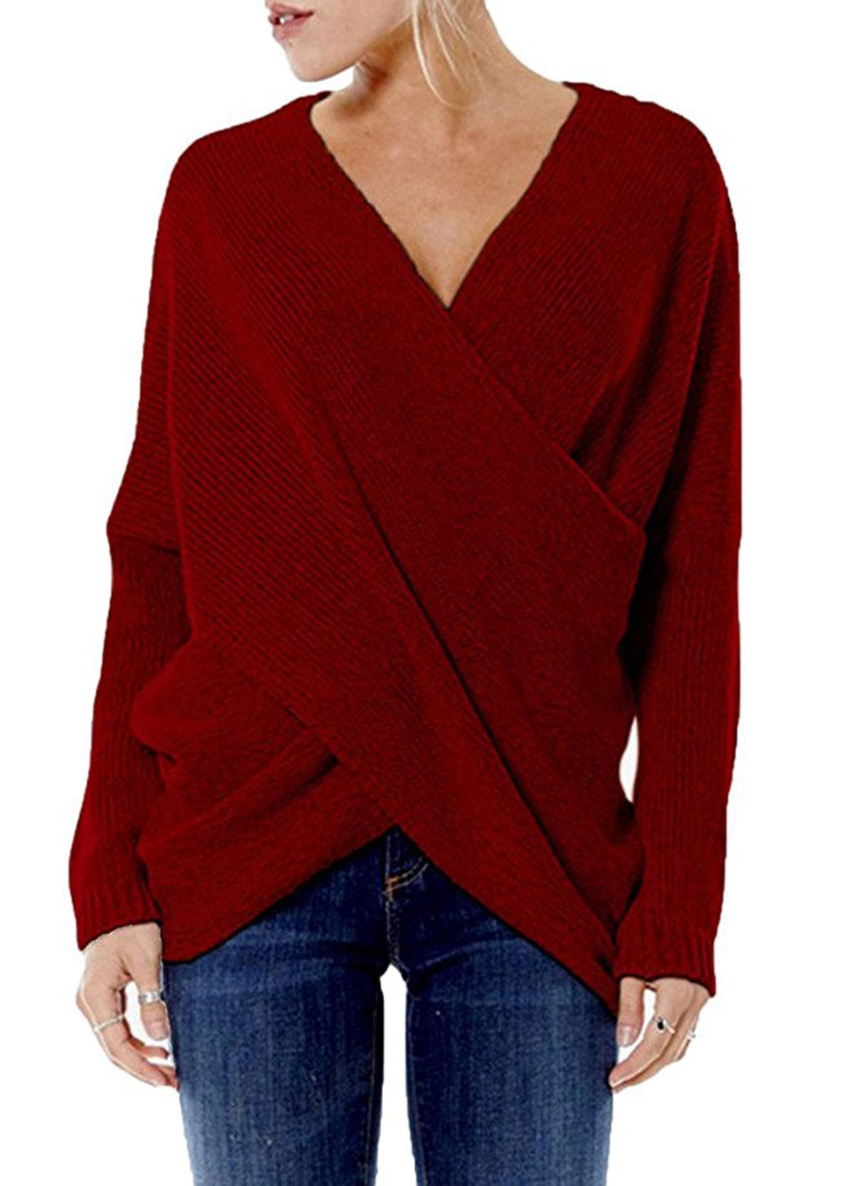 YOINS Women's Sexy V-Neck Knit Sweater - Long Sleeve Cross Front Jumper with Irregular Hem | Perfect for Date Night, Office Wear & Casual Outfits