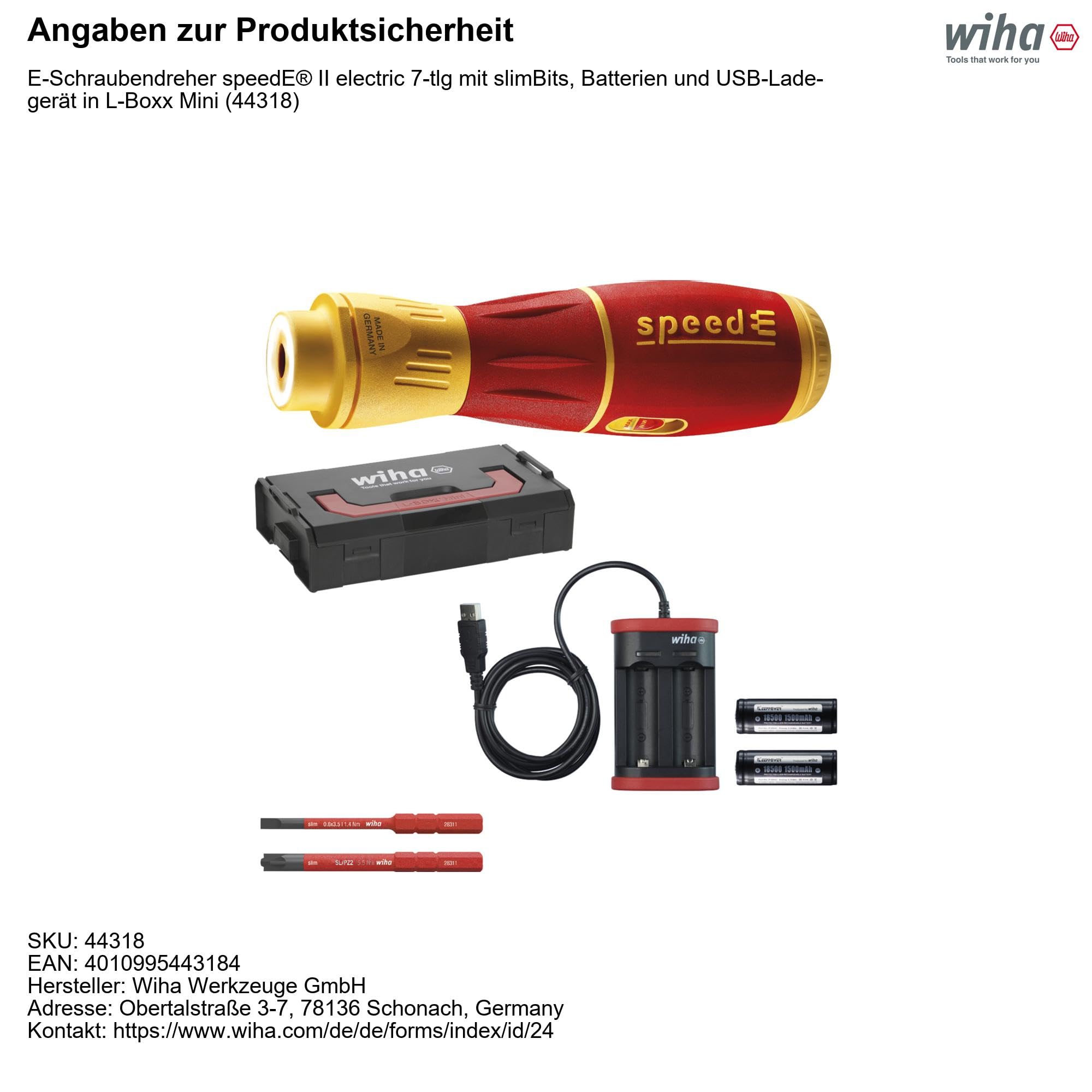 Wiha SpeedE® II Electric Screwdriver Kit (44318) - 7-Piece Set with SlimBits, Rechargeable Battery & USB Cable - 0.4 nm Torque + LED Light - Perfect for DIY Projects, Electronics Repair, and Home Maintenance in L-Boxx Mini Case