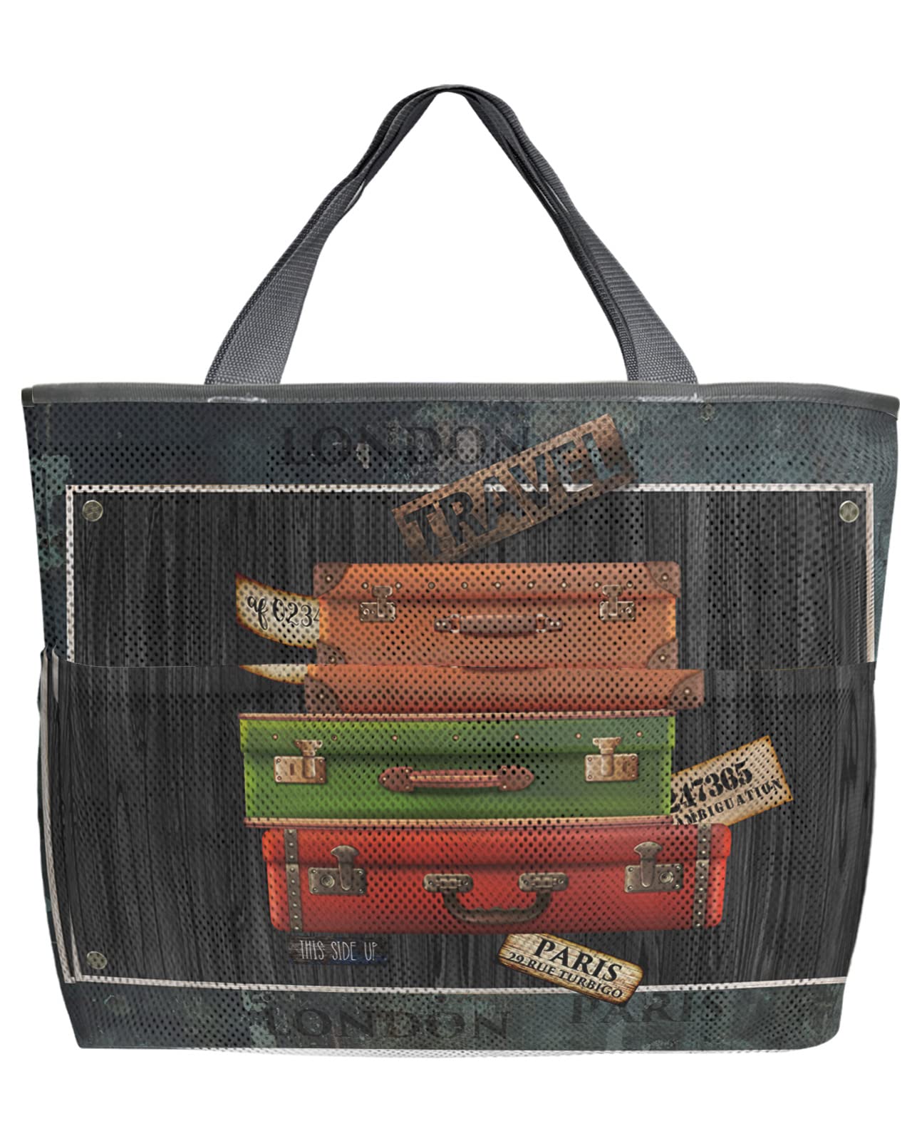 **Rustic Wood Grain Mesh Beach Tote Bag - 60L Oversized Quick-Dry Swim Bag with Pockets - Foldable for Beach, Pool & Travel - 24