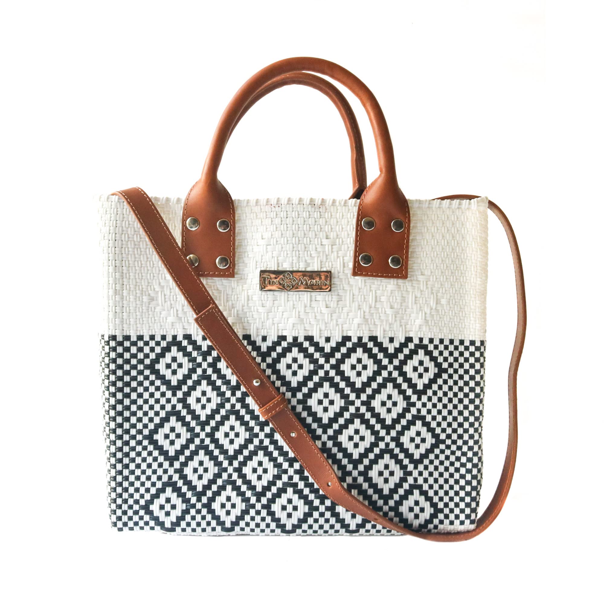 Eco-Friendly Large White Woven Crossbody Bag with Tan Leather Handles - Handcrafted Recycled Plastic Tote from Oaxaca Mexico - Perfect for Summer, Work & Everyday Use - Stylish & Sustainable Shoulder Bag for Women
