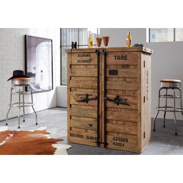 Solid Wood Bar Cabinet - Earth Wood Container Style, 100x60x130cm Large Size - Perfect for Home Bar, Dining Room & Entertainment Areas