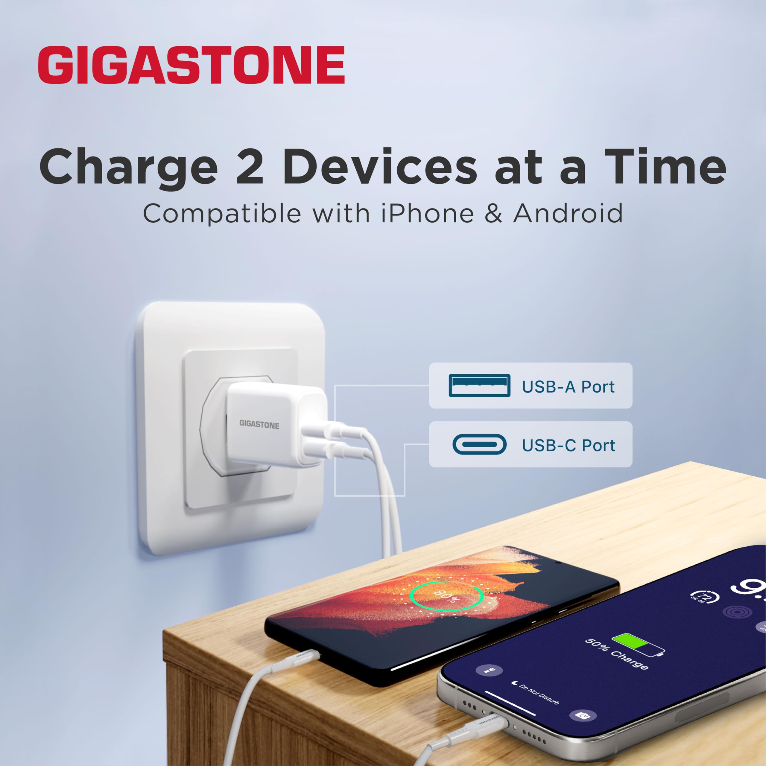 Gigastone 12W Dual Port USB C & USB A Wall Charger [3 Pack] - Fast Charging Block for iPhone 16/15/14/13/12, Samsung Galaxy S24/S23/S22, Kindle E-Reader - Travel Power Brick with 2.4A Output - Perfect for Home, Office & On-The-Go Charging