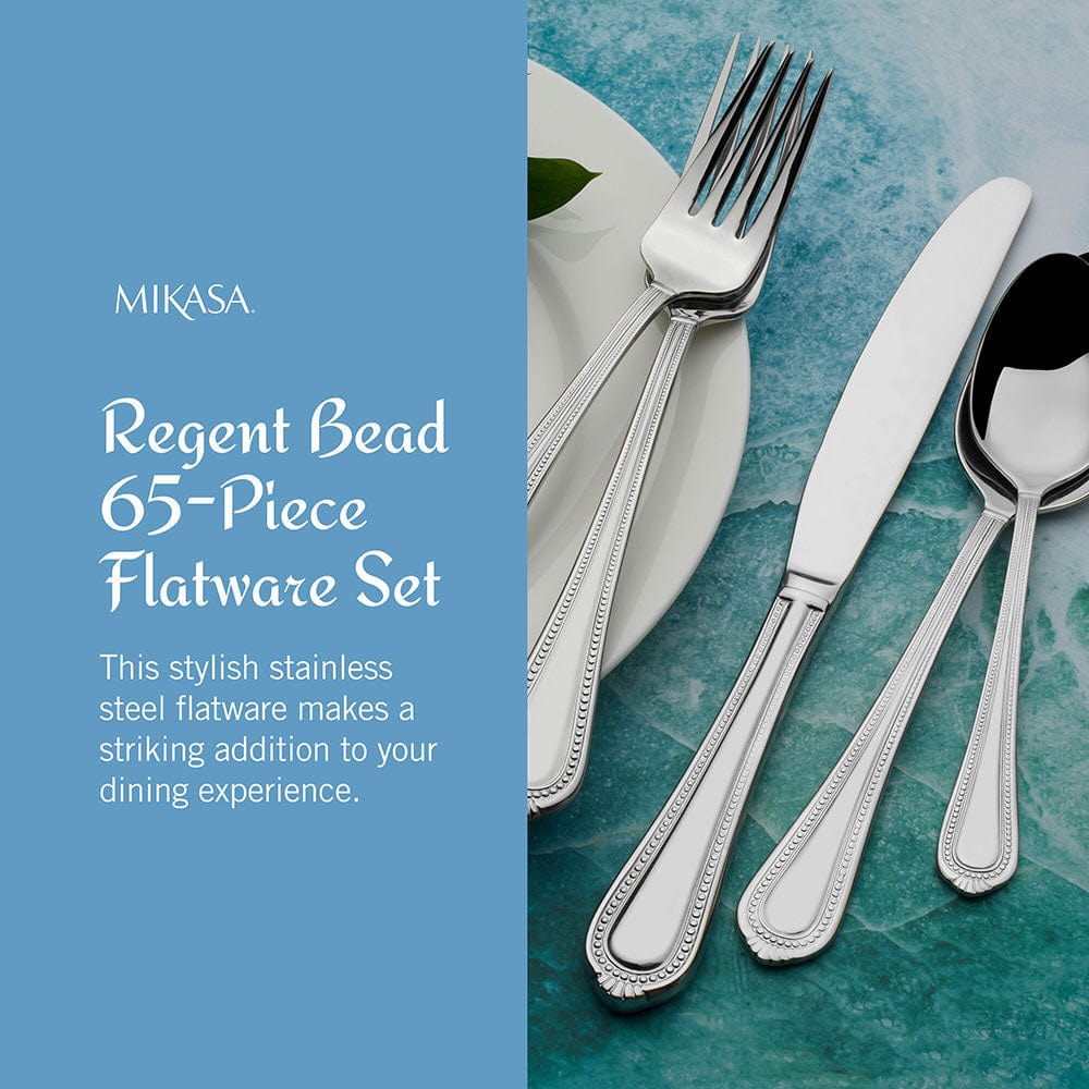 Regent Bead 65-Piece Flatware Set - Service for 12 - Premium Stainless Steel Silverware Set for Dining, Entertaining & Special Occasions
