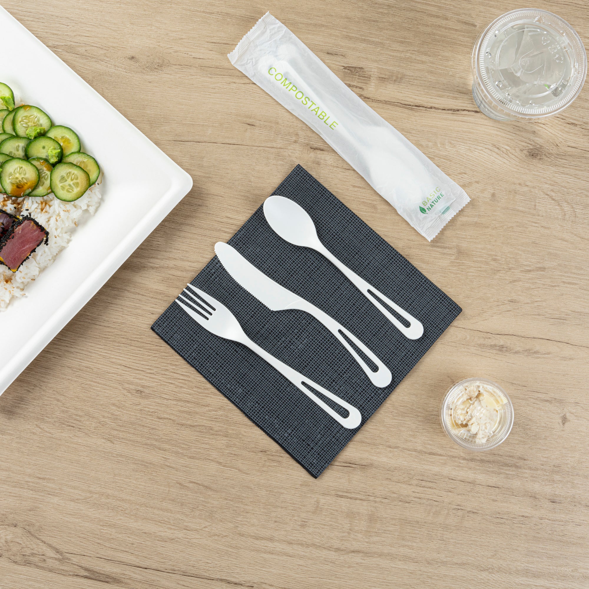 Eco-Friendly White CPLA Plastic Cutlery Set - 100-Piece Compostable Utensils with Heat-Resistant Wrapper (7.5