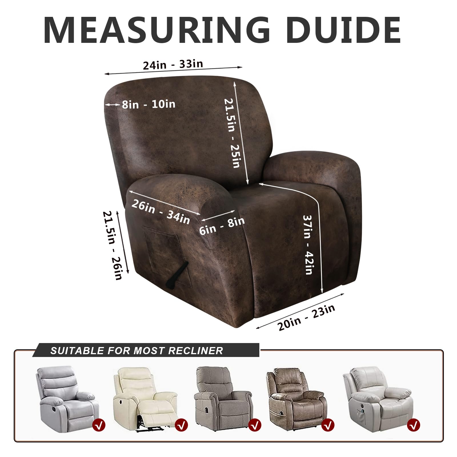 Premium Leather-Like Recliner Chair Covers Set of 4 - Washable & Non-Slip Slipcovers for Large Lazy Boy Recliners, Dark Brown - Perfect for Living Room, Home Theater & Office Comfort