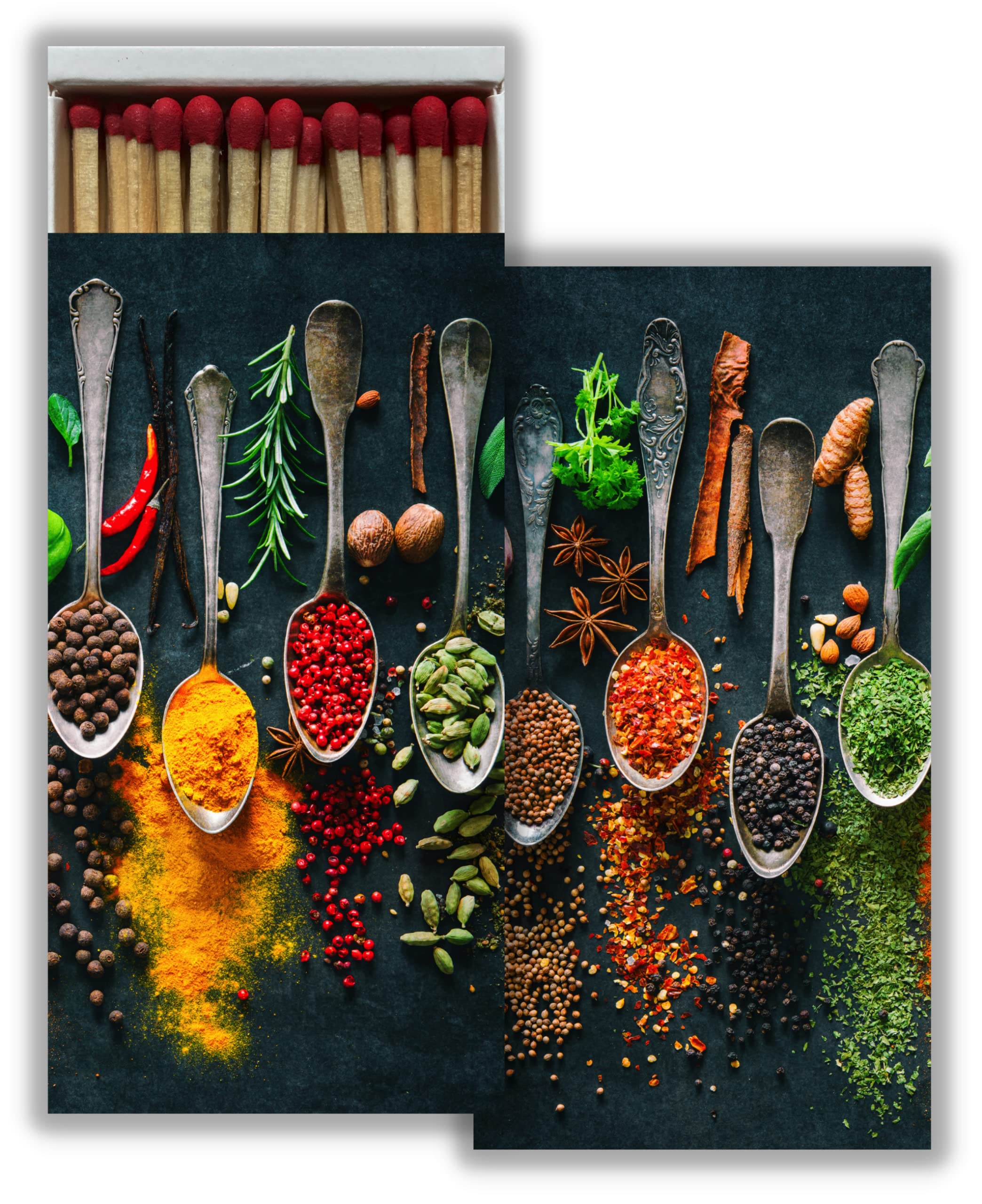 Premium Herbs and Spices Decorative Matchbox with Natural Wooden Matches - Ideal for Lighting Candles, Fireplaces, Grills, Campfires & More | Gift-Ready Packaging | Perfect for Home, Kitchen, Outdoor & Romantic Ambiance