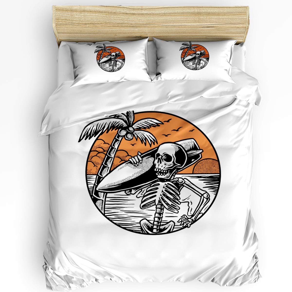 Surfing Skull 4-Piece Full Bedding Set - Soft Comforter Cover, Fitted Sheet & 2 Pillowcases for Boys, Girls & Kids - Perfect for Teen Bedrooms, Dorm Rooms & Sleepovers