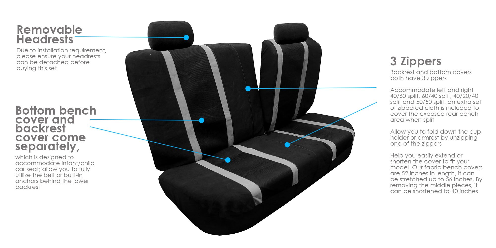 FH Group Universal Car Seat Covers Full Set - Gray Sports Design, Airbag Compatible, Split Rear for Cars, Trucks & SUVs | Durable Interior Accessories for Daily Commute, Road Trips & Off-Road Adventures