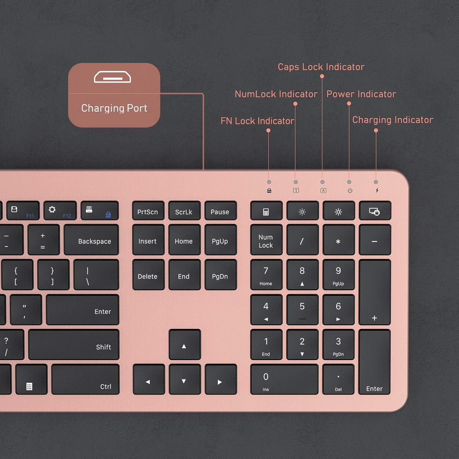 Seenda Rechargeable Wireless Keyboard and Mouse Combo - Full Size Cordless Keyboard with Built-in Lithium Battery, Ultra Thin Quiet Keyboard & Mouse Set (Rose Gold & Black) for Office, Home, Gaming & Remote Work