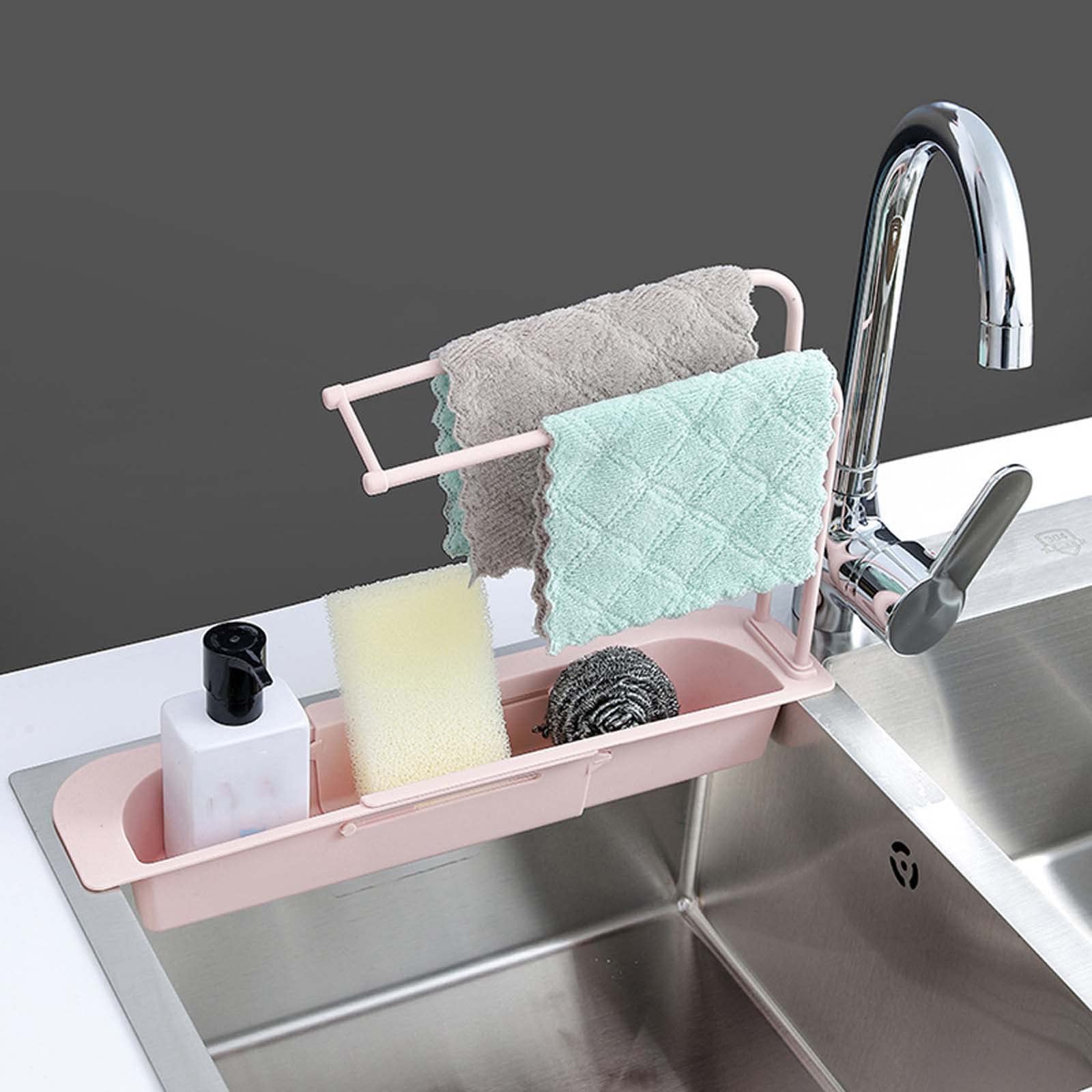 Adjustable Telescopic Sink Holder - Expandable Kitchen Drainer Tray & Sponge Organizer | Bathroom Sink Storage Rack for Dish Cloths & Cleaning Supplies | Durable Faucet Clip Rack for Kitchen & Bathroom Organization (Perfect for Small Spaces & Clutter-Free Countertops)