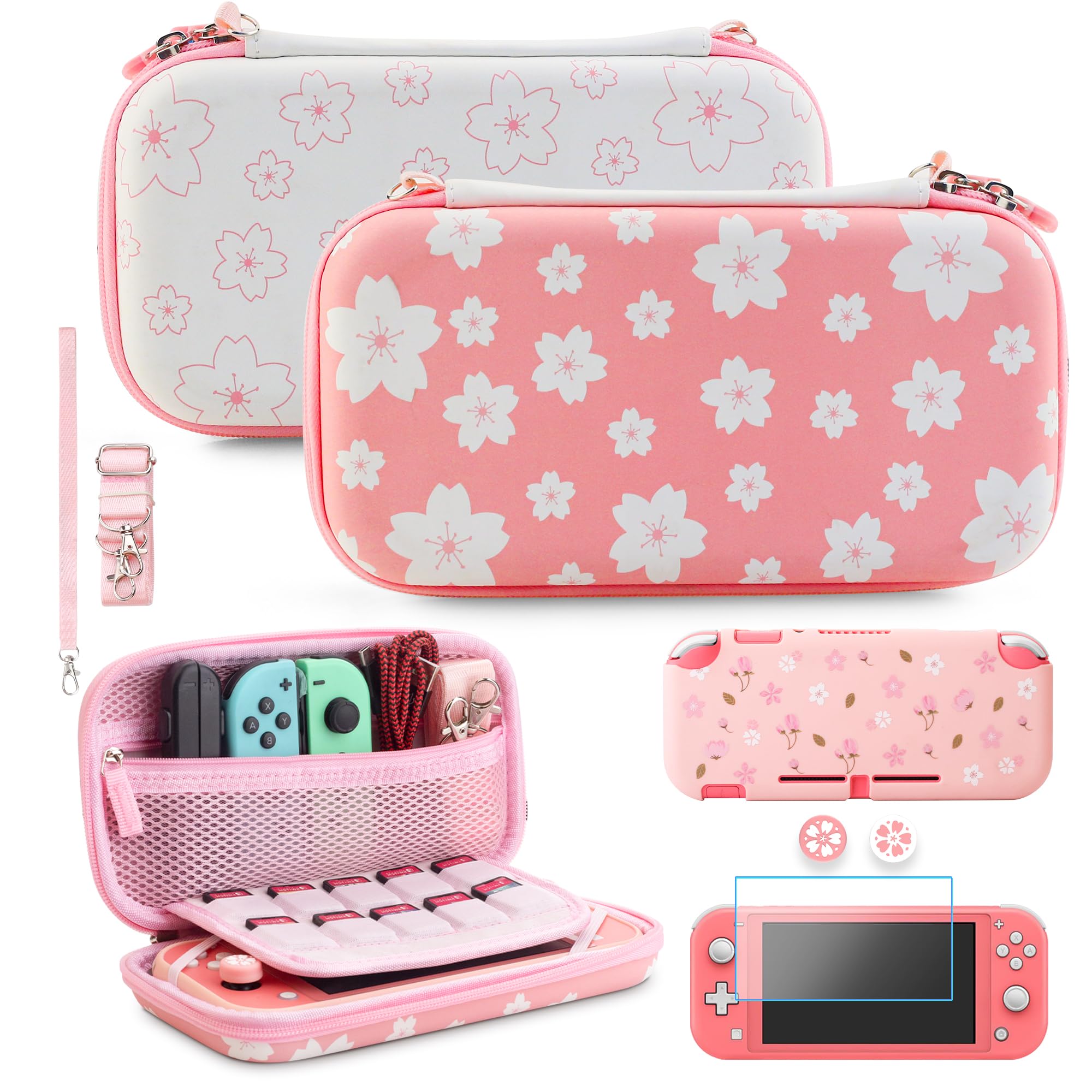 Premium Nintendo Switch Lite Carrying Case with 10 Game Card Slots - Protective Travel Bag Includes TPU Skin, Screen Protector, Adjustable Shoulder Strap, Wrist Strap & 2 Sakura Thumb Grips - Perfect for Gaming On-The-Go, Travel Protection & Switch Lite Accessories Storage
