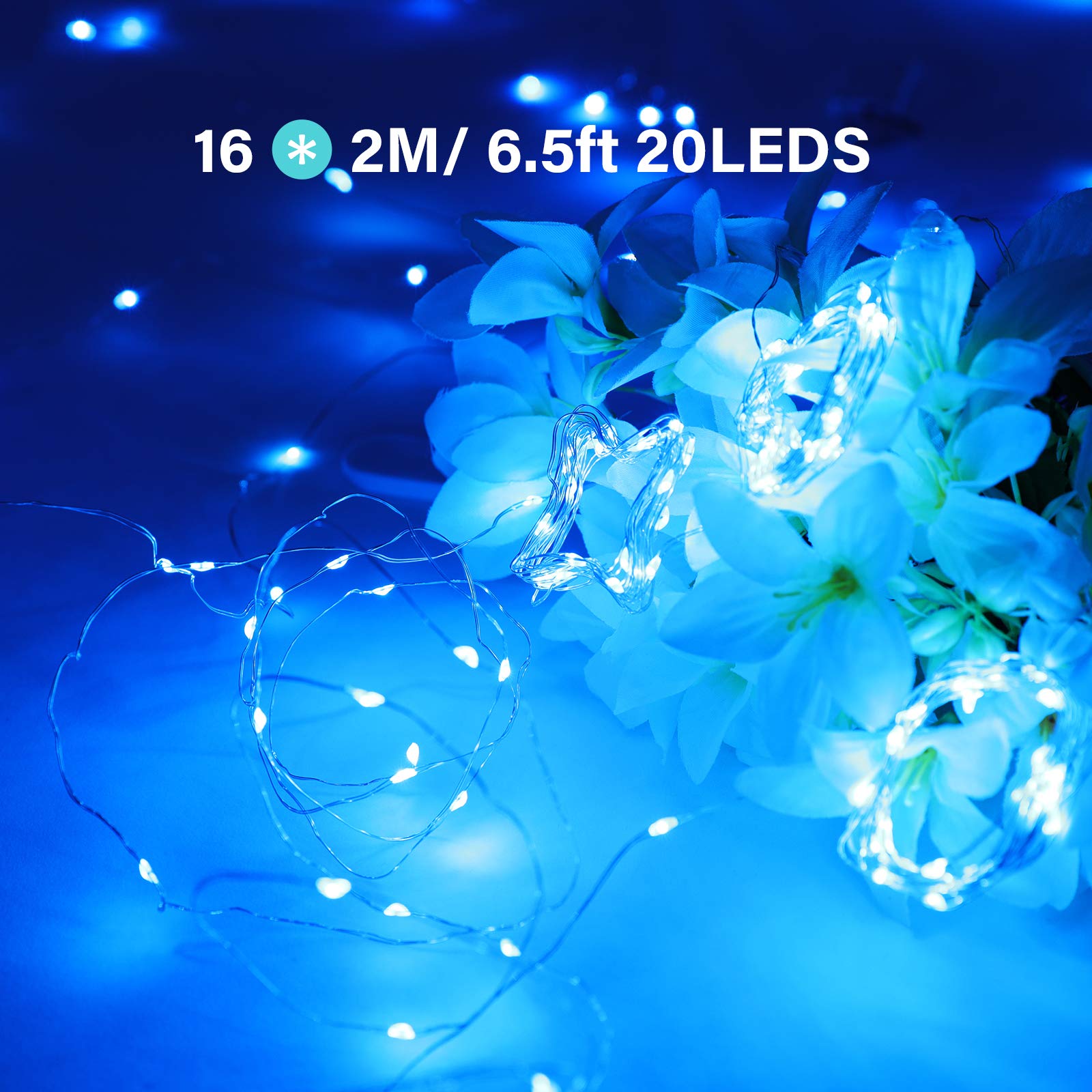 Onforu 16 Pack Blue Fairy Lights Battery Operated - 6.5ft 20 Mini LED String Lights with IP67 Waterproof - Perfect for Mason Jar Wedding Centerpieces, Christmas Bedroom Decor, Party & Outdoor Lighting