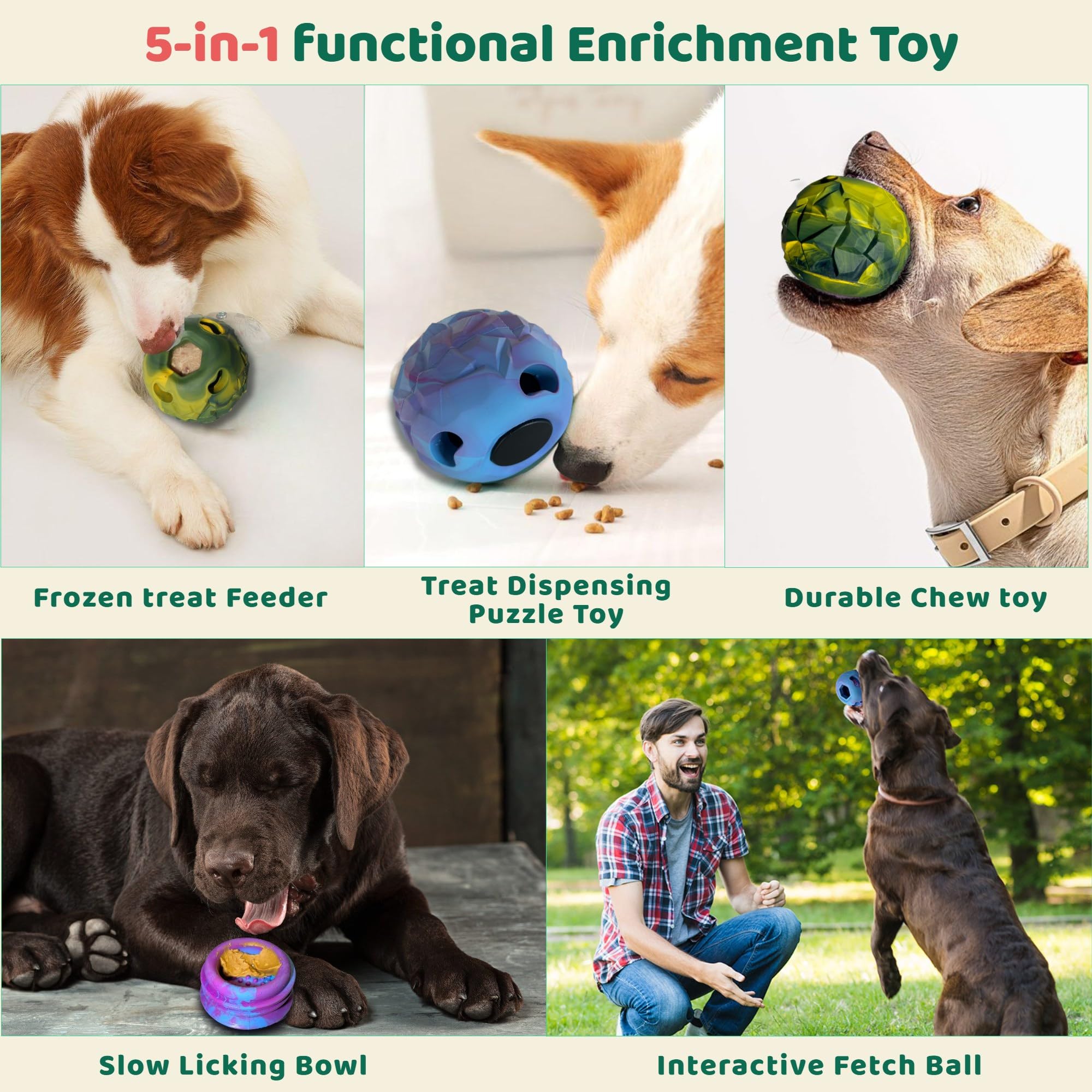 5-in-1 Interactive Dog Toy for Aggressive Chewers (25-85 lbs) – Durable Chew Toy, Slow Feeder & Frozen Treat Dispenser – Mental Stimulation Puzzle Game for Bored Dogs – Easy to Clean – Perfect for Indoor Play, Training & Anxiety Relief
