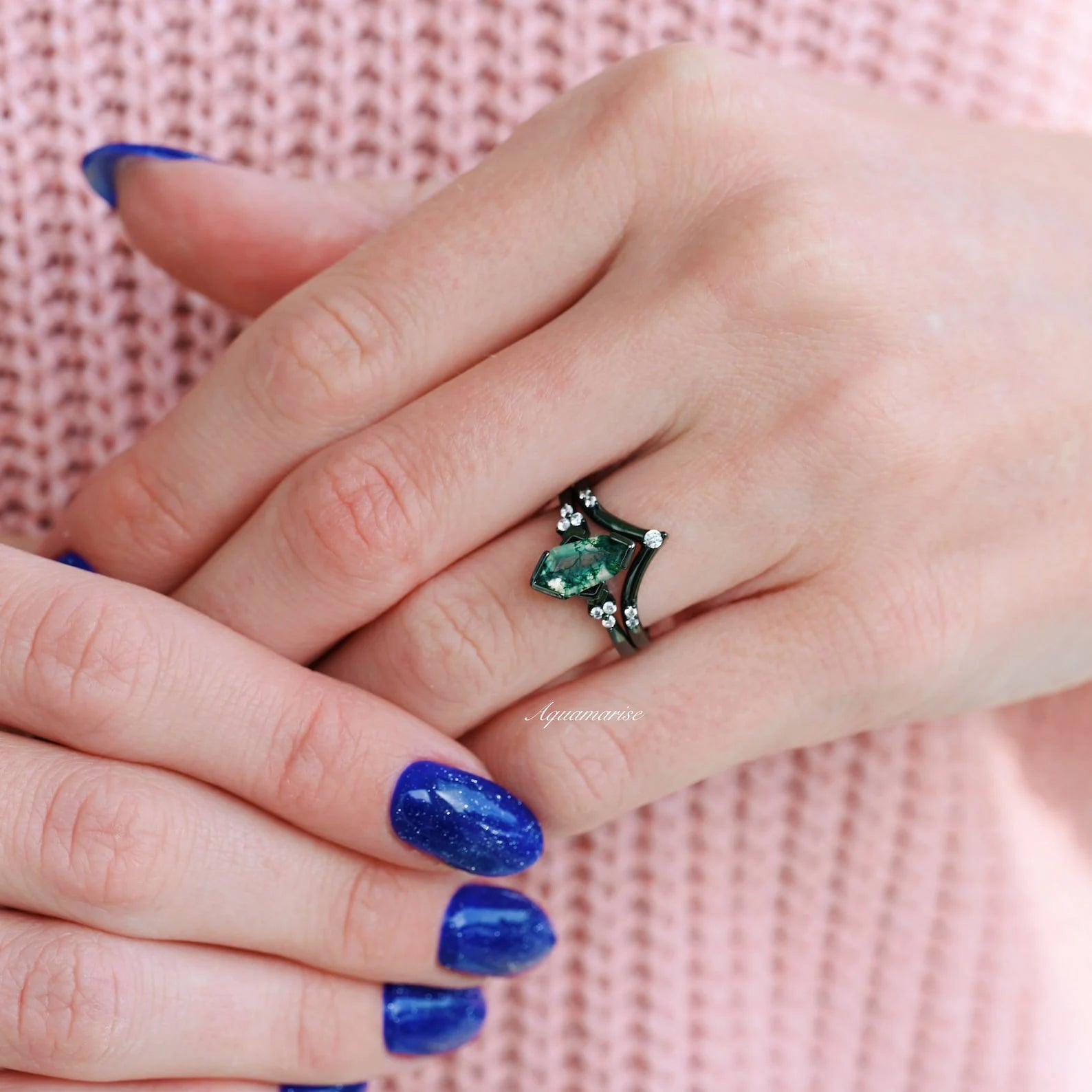 Moss Agate Couples Ring - Natural Stone Wedding Band for Him & Her - Handmade Sterling Silver Matching Rings - Perfect for Anniversaries, Engagements, and Romantic Gifts